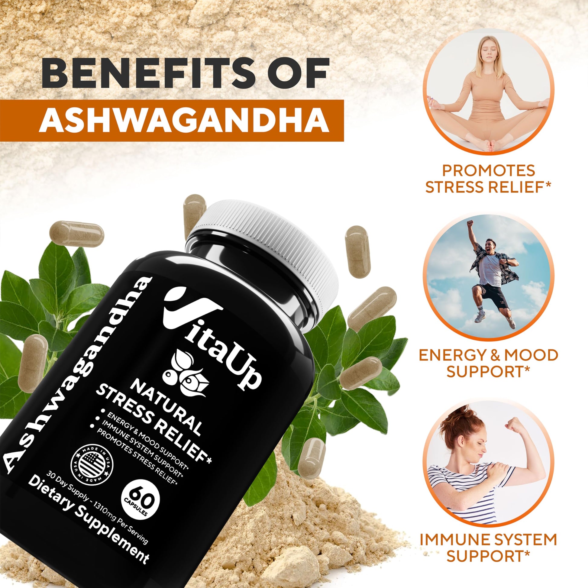 VitaUp Organic Ashwagandha Capsules 1310 mg - USA Made Ashwagandha Supplements VitaUp