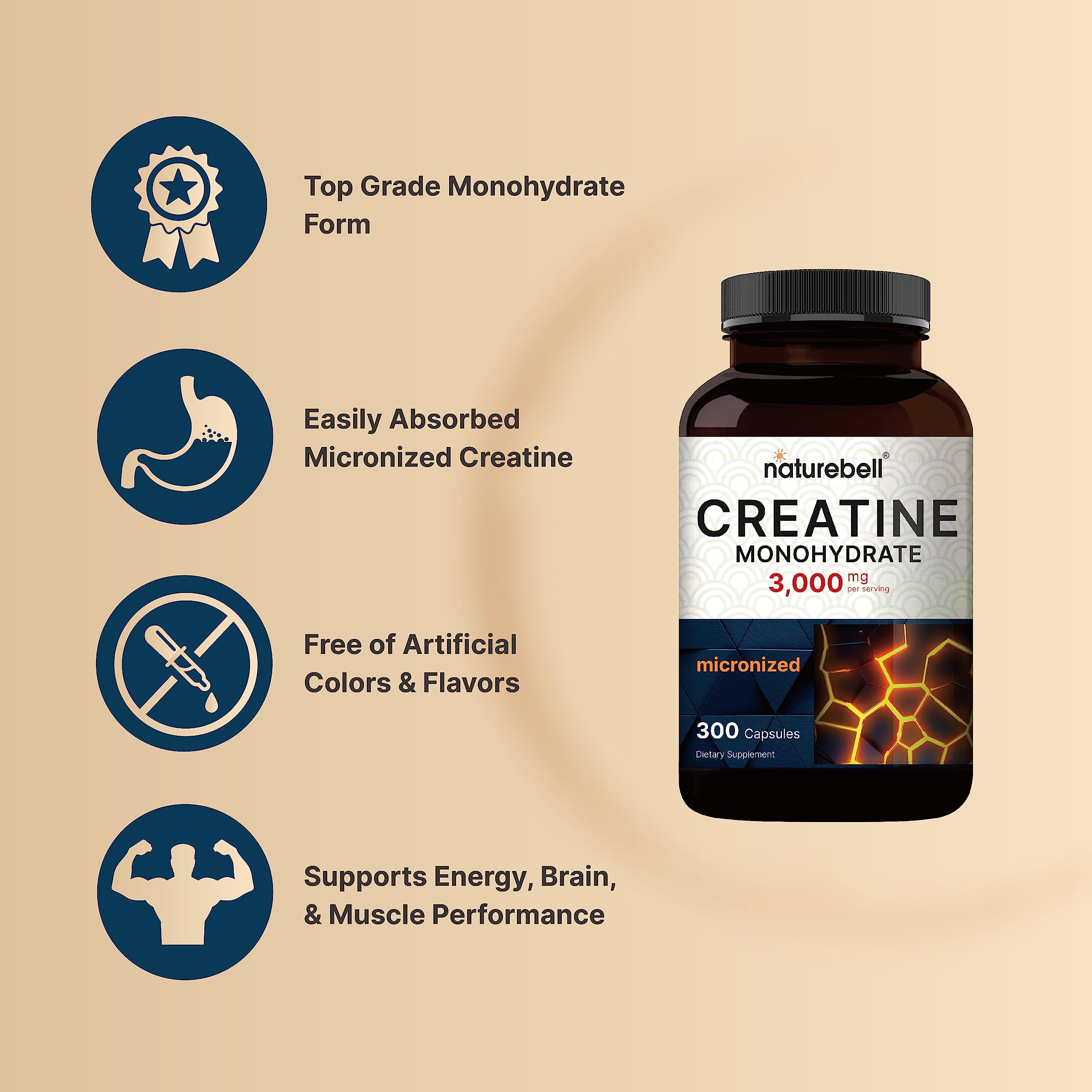 Creatine Monohydrate 3,000mg Per Serving, 300 Capsules – Micronized – Unflavored NatureBell