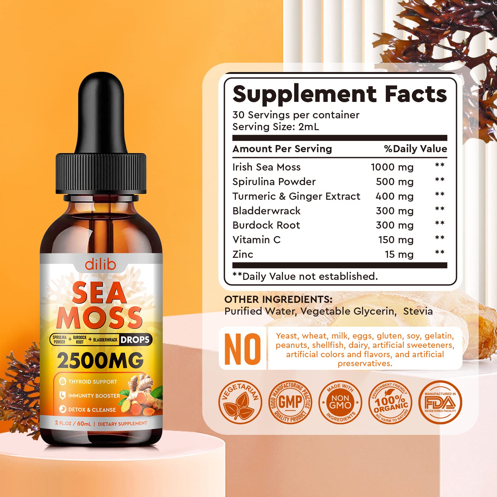 Sea Moss Liquid Drops: Organic Irish Sea Moss 2500mg with Turmeric, Bladderwrack dilib