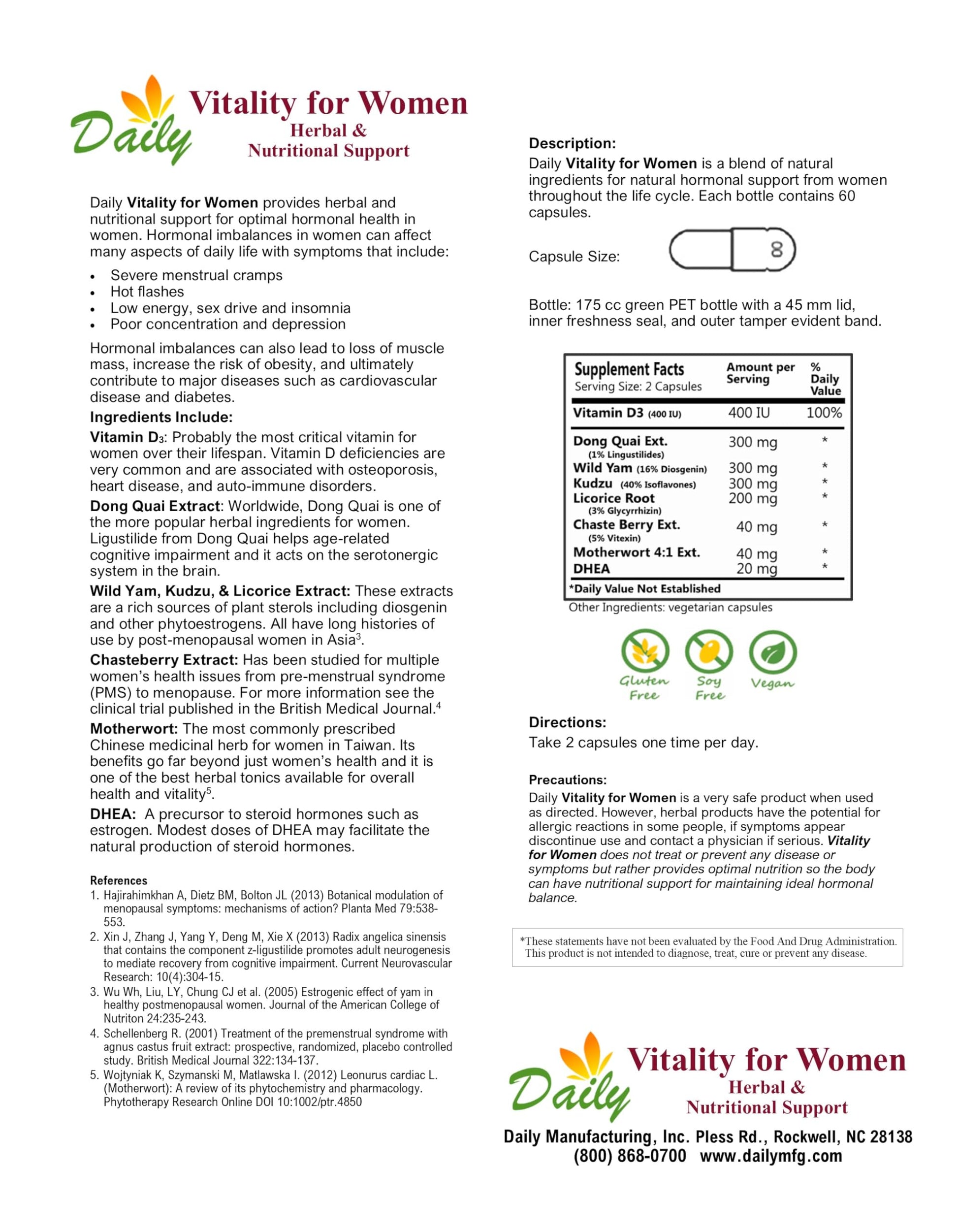 Daily Manufacturing Vitality for Women™ (Vitamin D3, Dong Quai Extract, Wild Yam, Kudzu, Licorice Root Daily Manufacturing