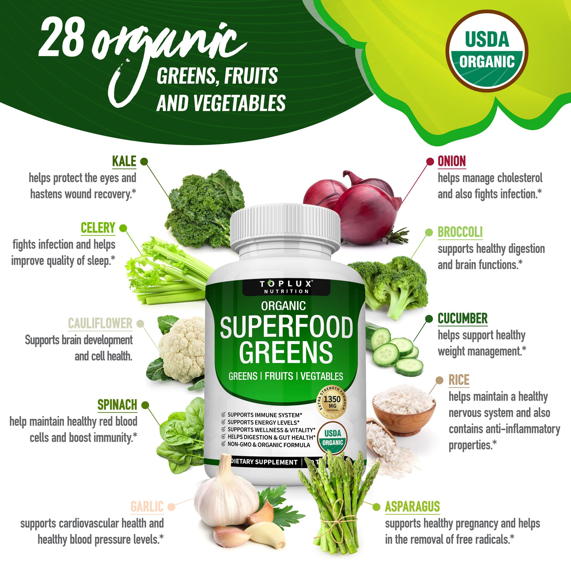 Organic Super Greens Capsules Superfood Fruit Veggie Supplement - 28 Powerful Natural Toplux
