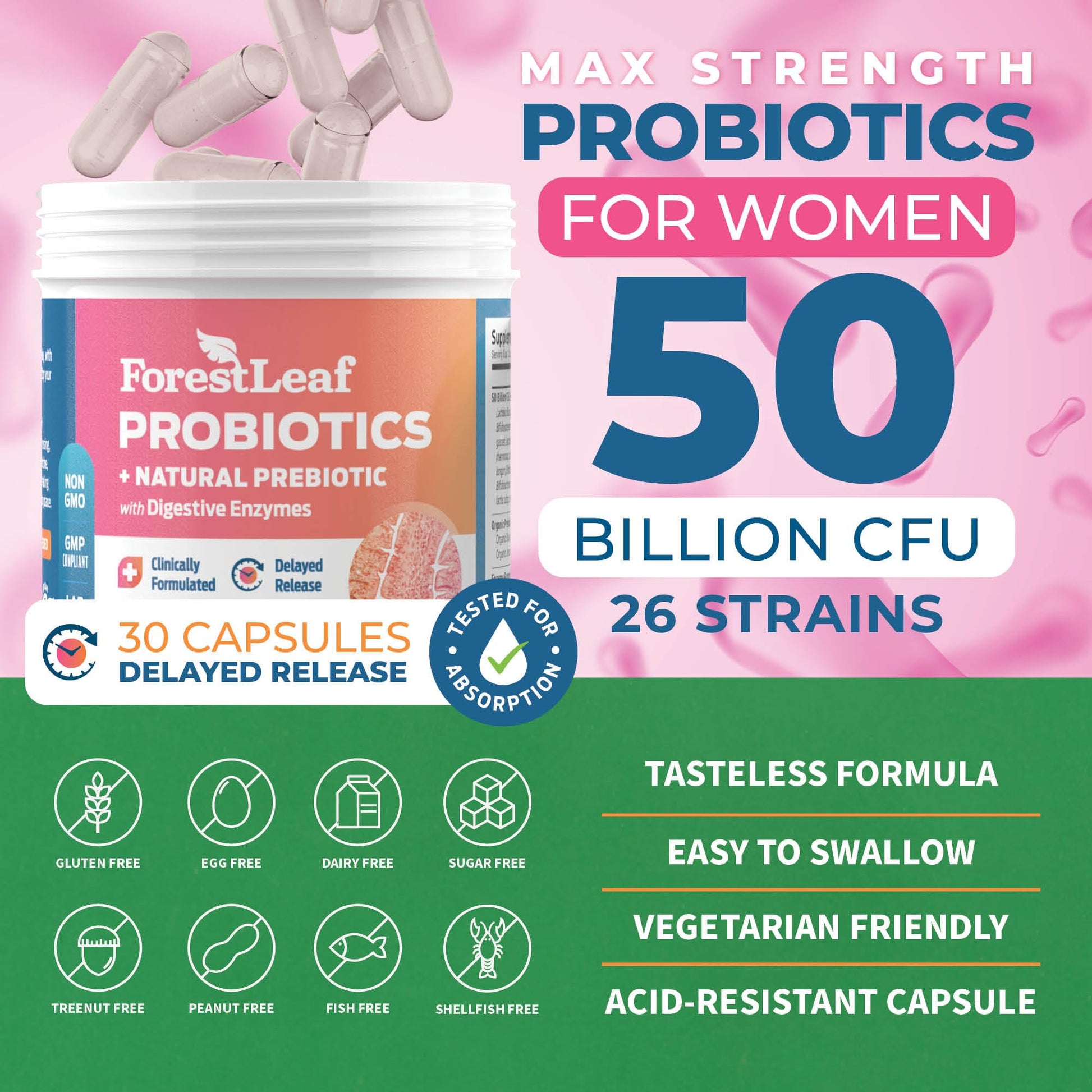 ForestLeaf Womens Probiotic 50 Billion CFU with Organic Prebiotics, Digestive Enzymes ForestLeaf