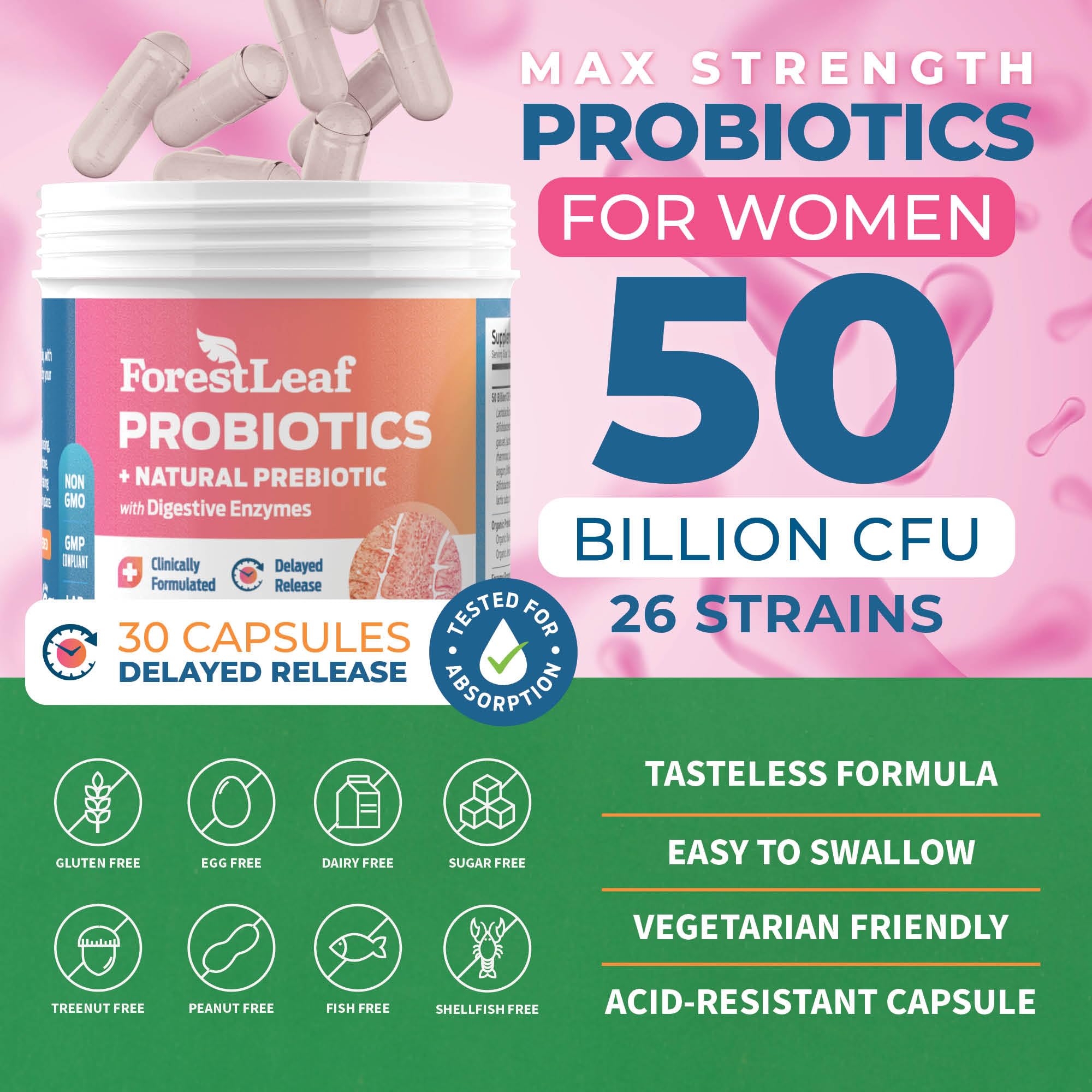 ForestLeaf Womens Probiotic 50 Billion CFU with Organic Prebiotics, Digestive Enzymes ForestLeaf