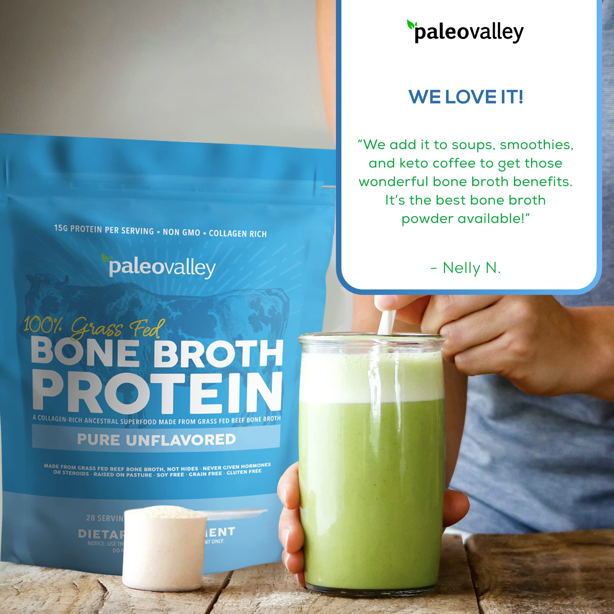Paleovalley 100% Grass Fed Beef Bone Broth Protein Powder - Rich in Collagen Peptides Paleovalley