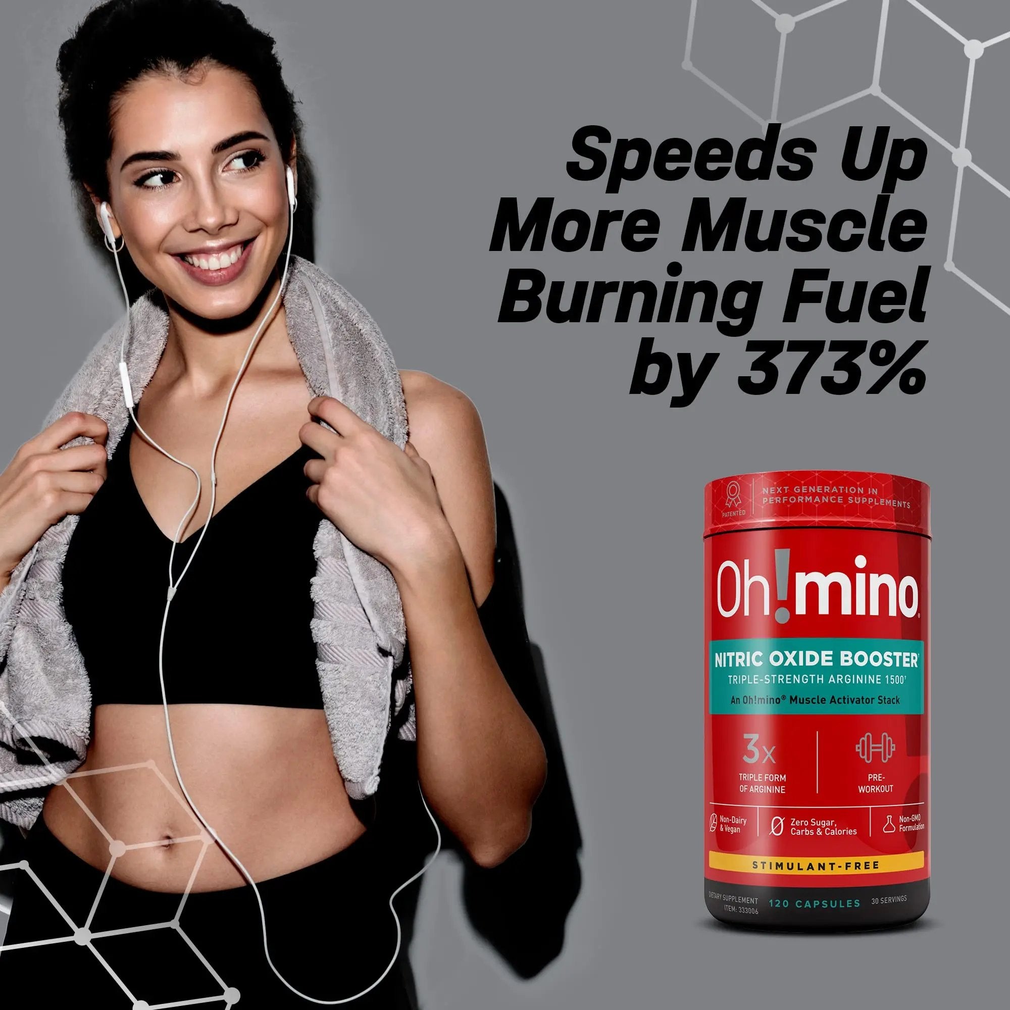 Oh!mino Nitric Oxide Supplement Activator Booster, Triple Strength L-Arginine for Energy, Endurance, Muscle Growth Builder, Pre Post Workout Pills - Natural Beet Root Powder, 30 Servings 120 Capsules