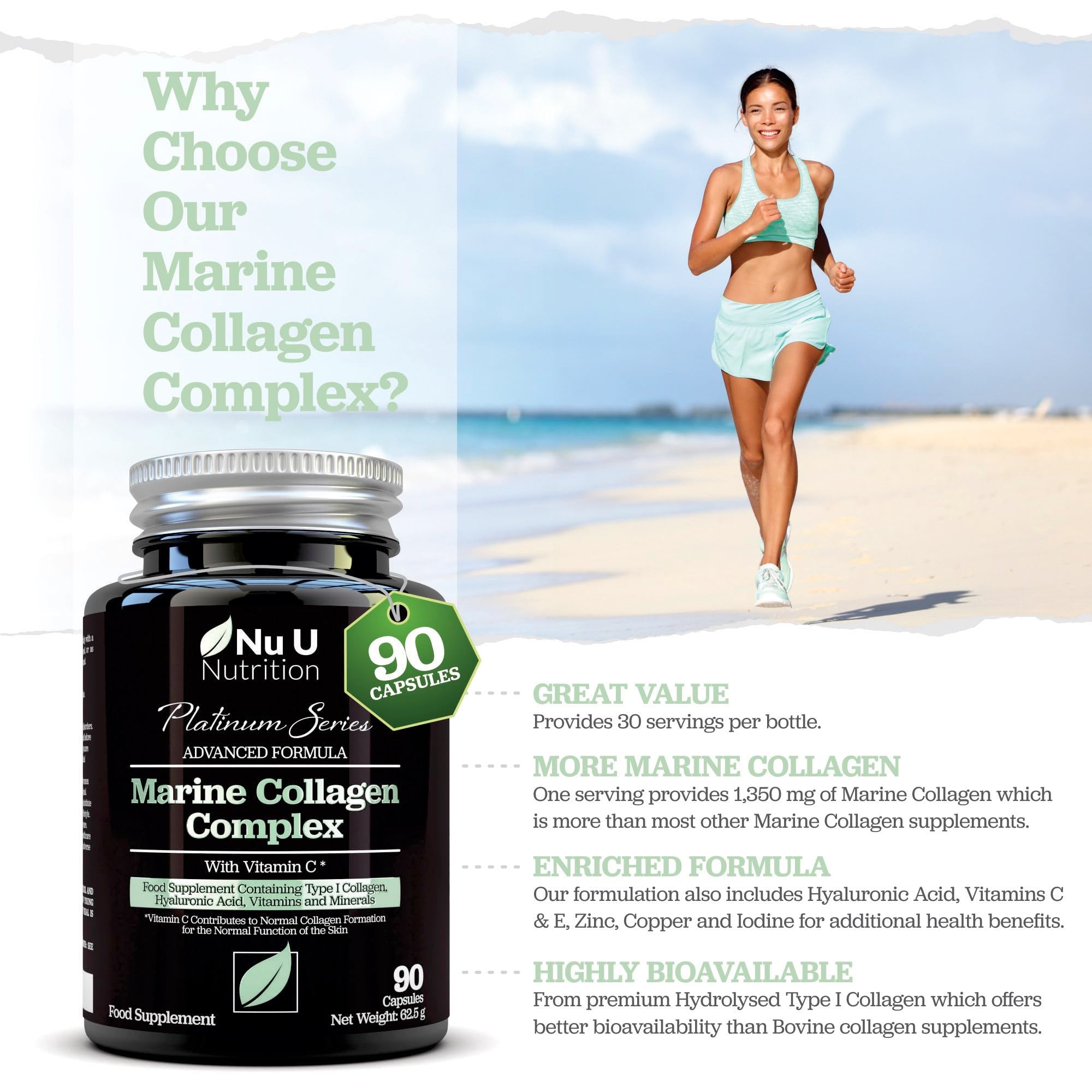 Marine Collagen with Hyaluronic Acid, Vitamin C - 90 Hydrolysed Capsules (not Tablets) - Premium High Strength Collagen Nu U Nutrition
