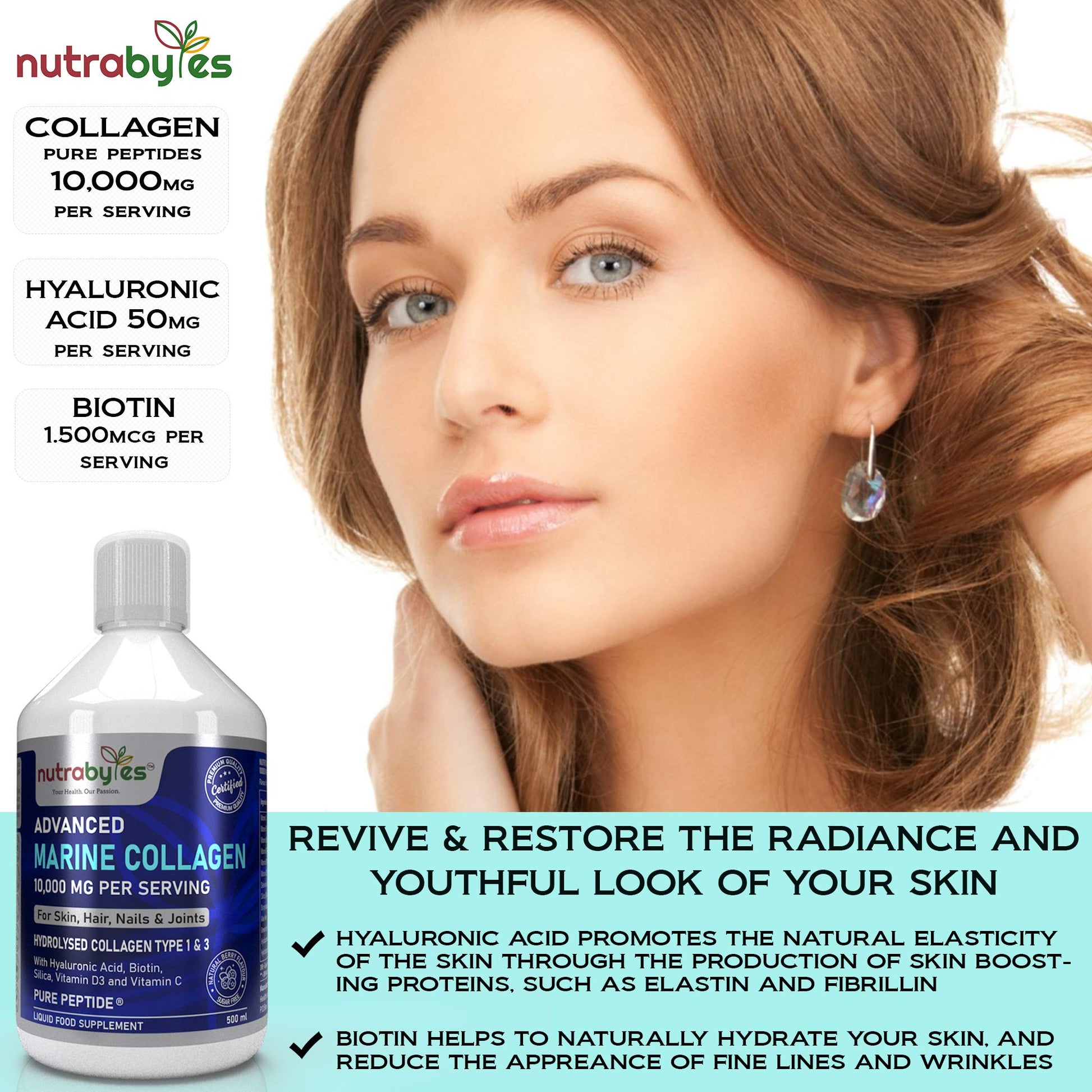 Marine Collagen Liquid 10000mg Sugar Free, Hydrolysed Peptides | Hyaluronic Acid, Biotin, Silica, Vitamin C, Vitamin D3 NUTRABYTES