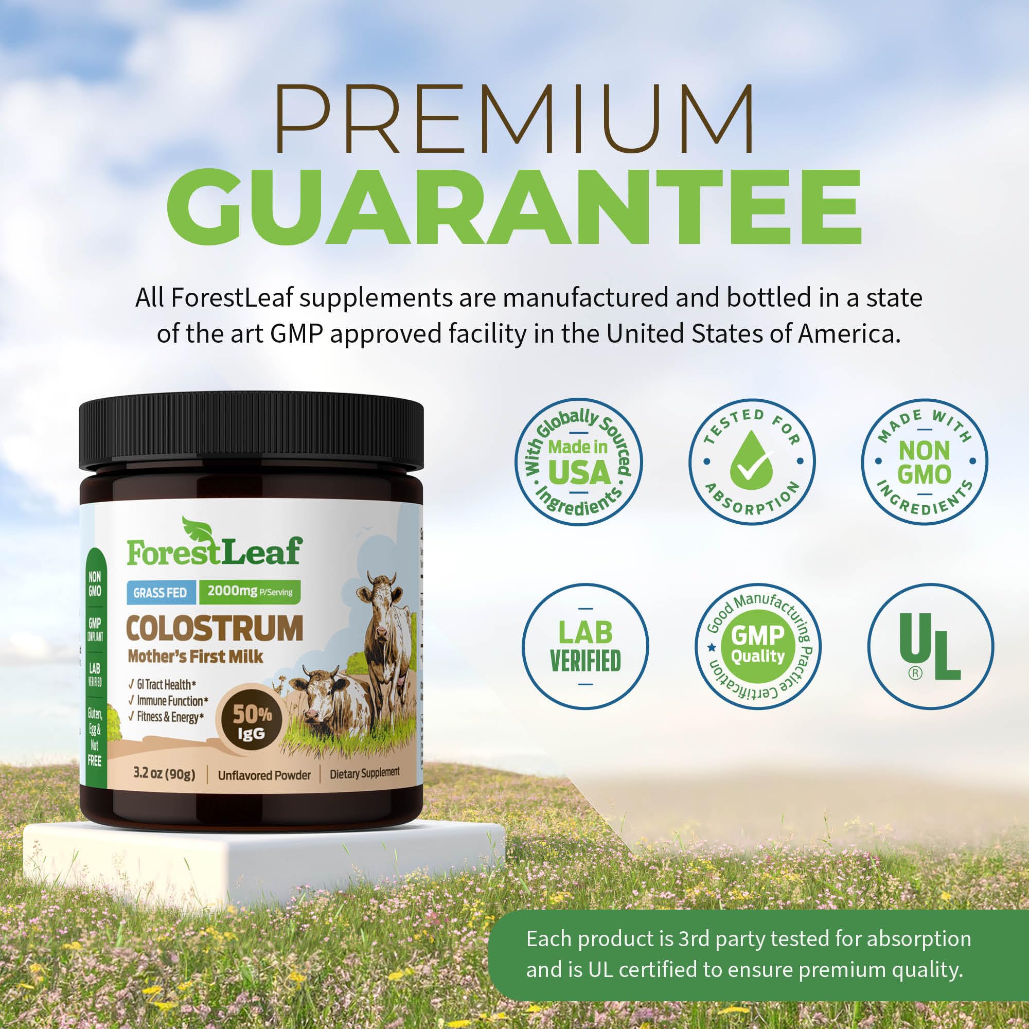 ForestLeaf Colostrum Powder 50% IgG Highest Concentration - Grass Fed Bovine ForestLeaf