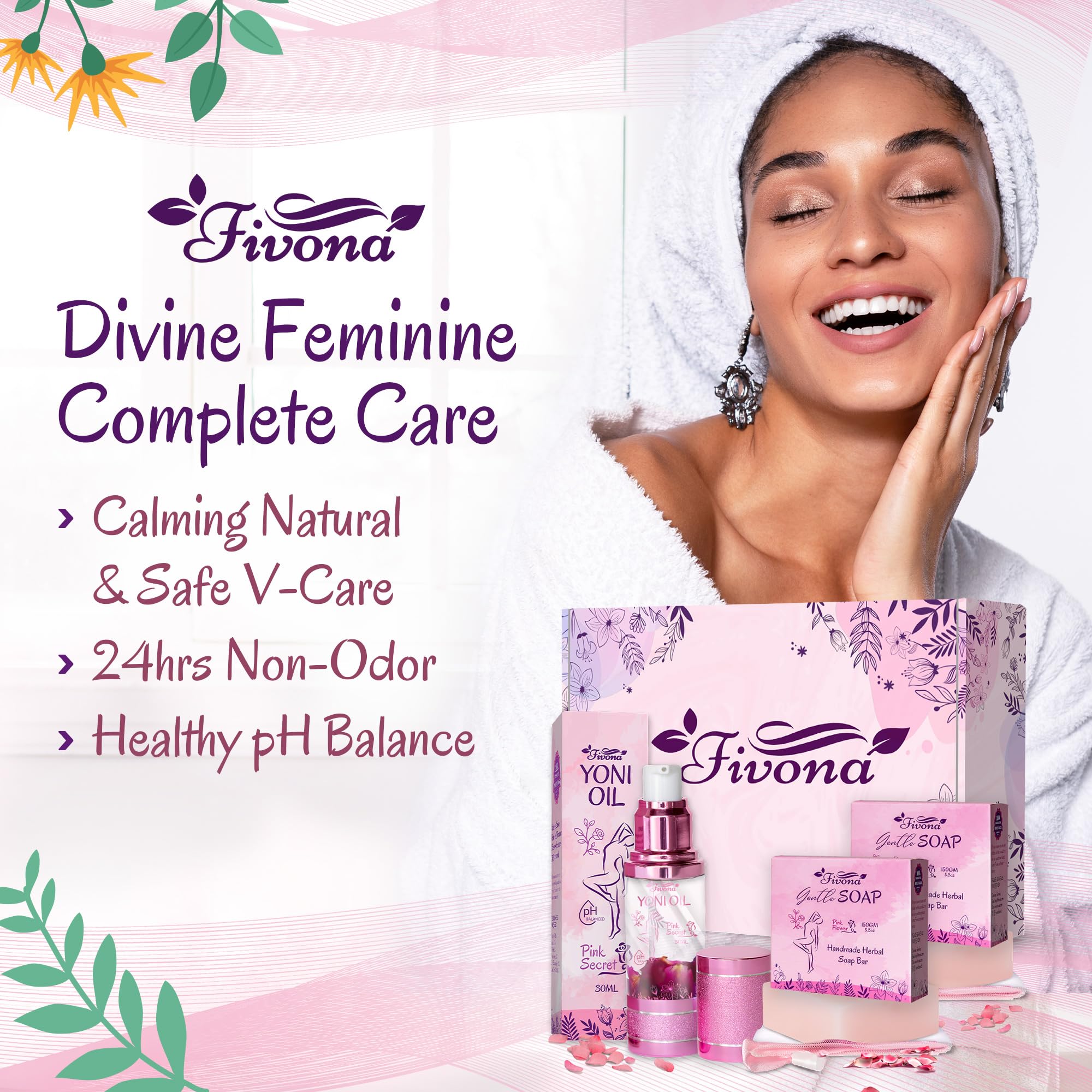 FIVONA 3 in 1 Set of Yoni Oil with 2 Yoni Soap Bars - Feminine pH Balanced Natural Vaginal Oil 30 ml FIVONA