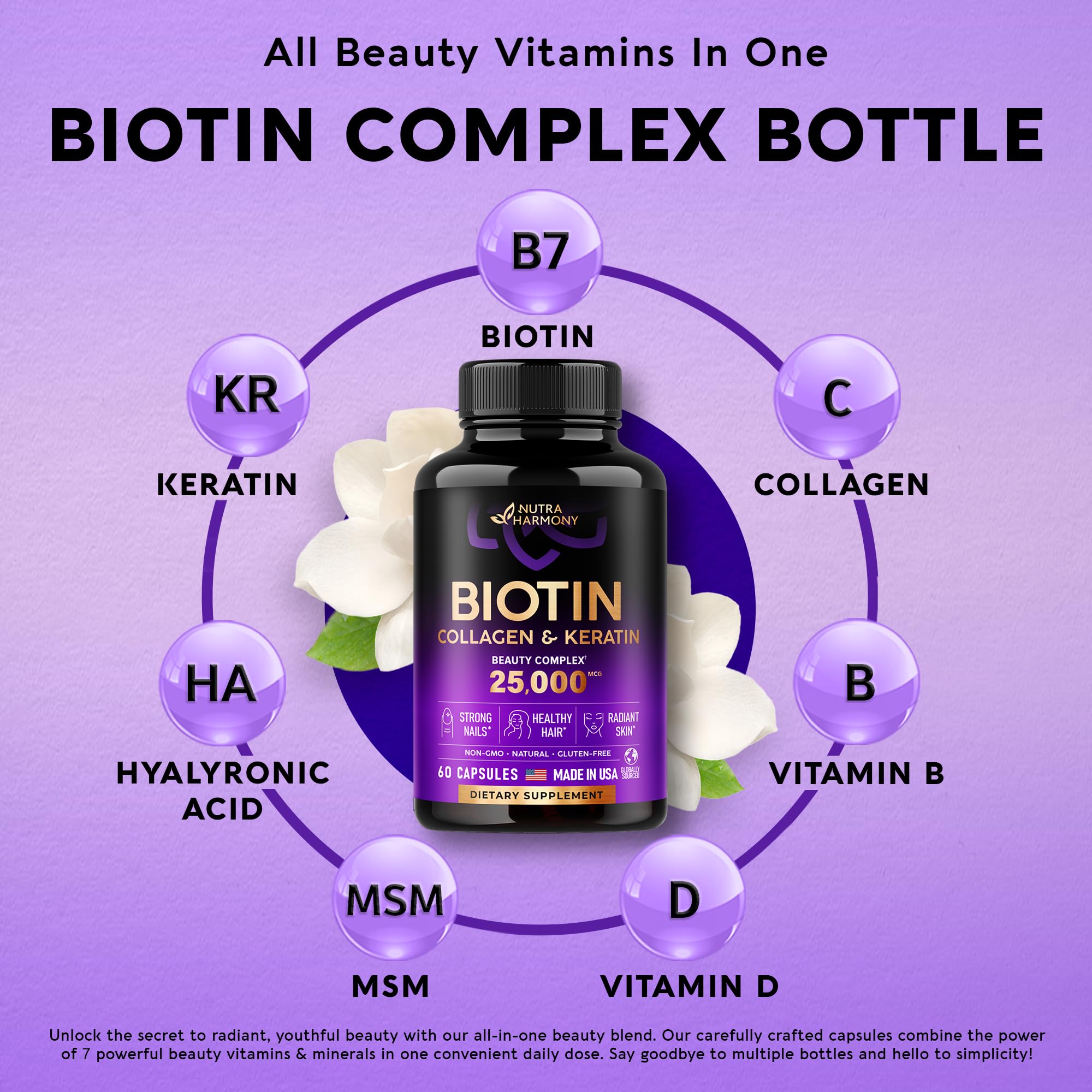 Biotin | Collagen | Keratin | Hyaluronic Acid - Hair Growth Support Pills, 25000 mcg NUTRAHARMONY