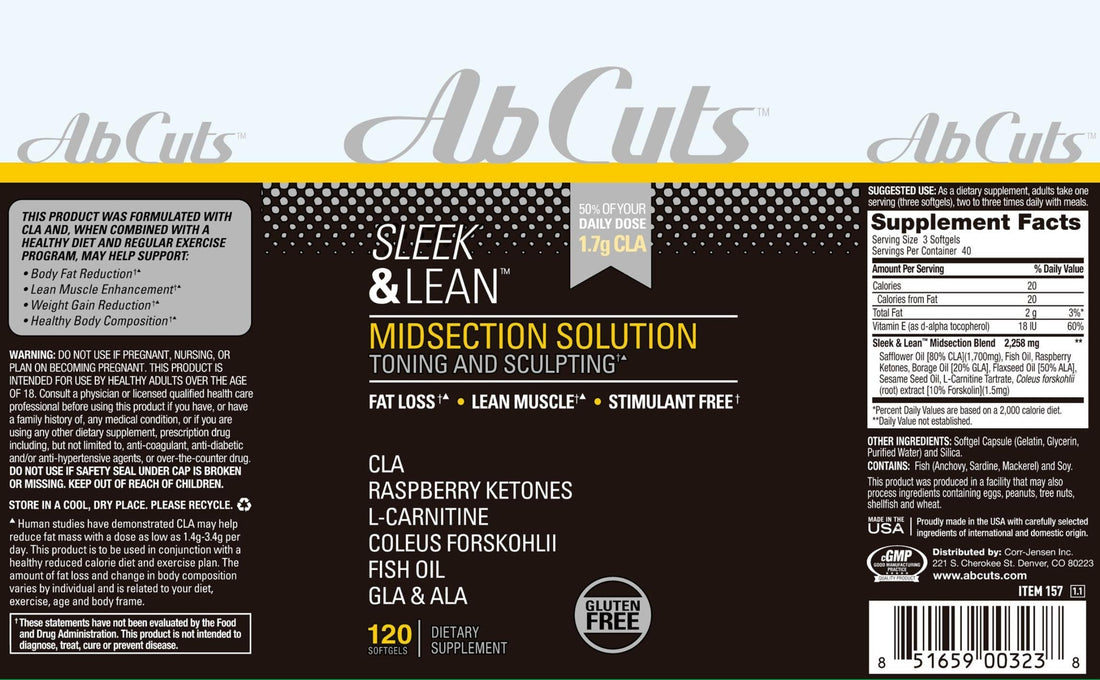AbCuts Sleek and Lean - 120 Easy-to-Swallow Softgels - CLA Supplement, Fish Oil