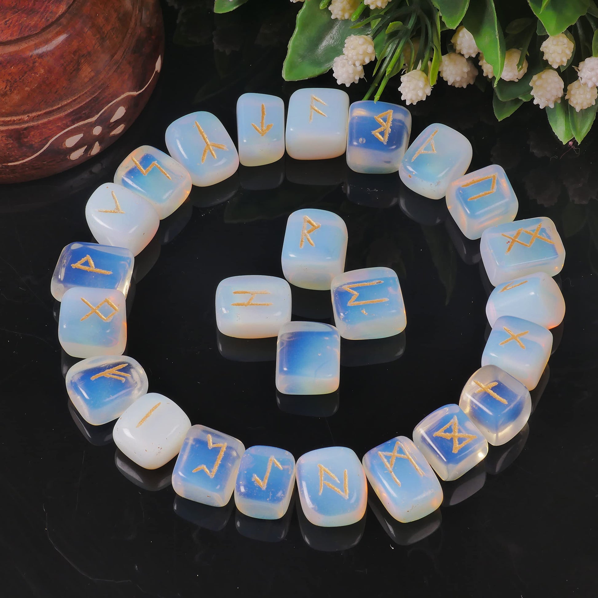 Opalite Rune Stone - Rune Set - Engraved Elder Futhark Alphabet Symbols - Witchcraft Crystals QUIPSA