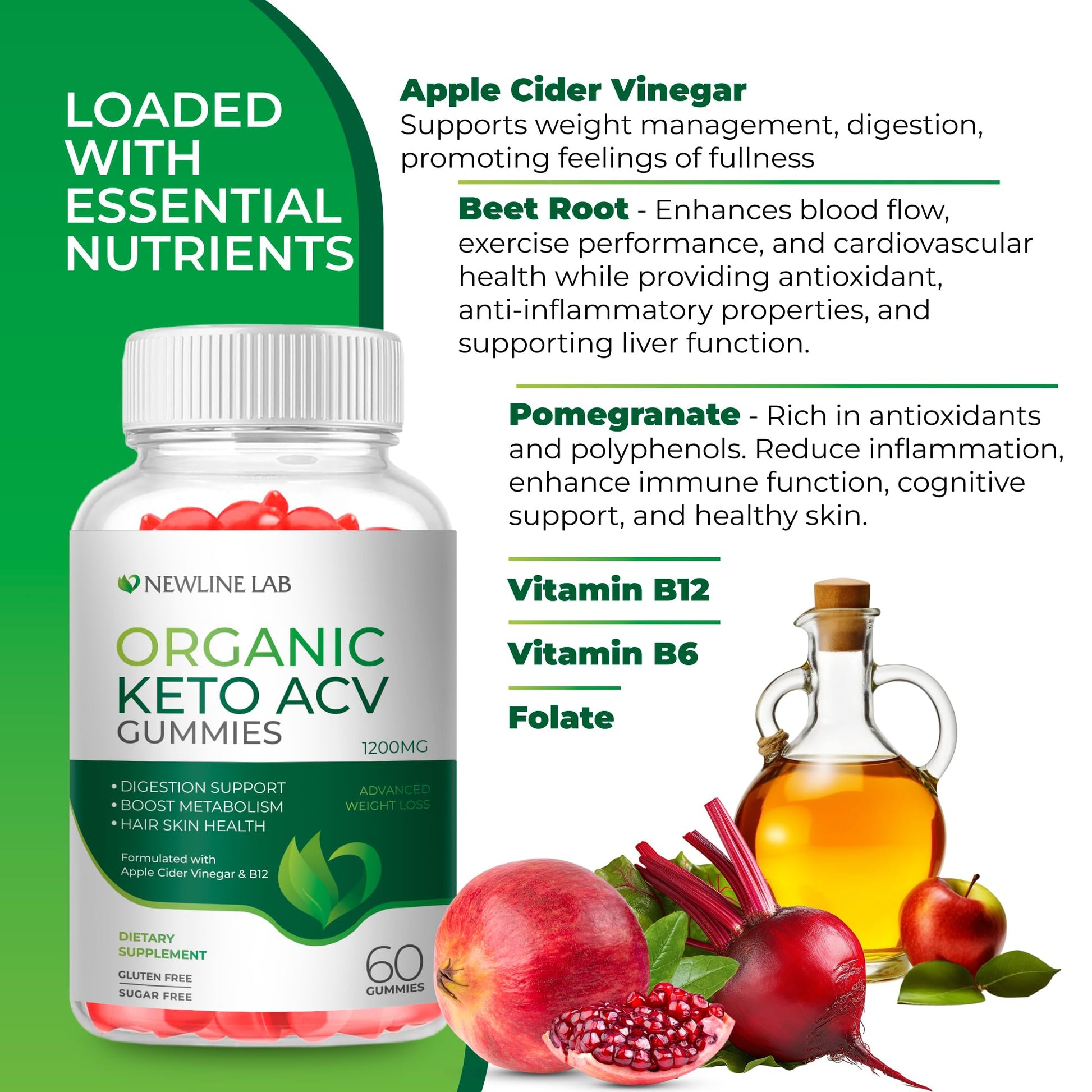 Organic Keto ACV Gummies for Advanced Weight Loss Fat Burn - Sugar Gluten Free Apple Newline Lab