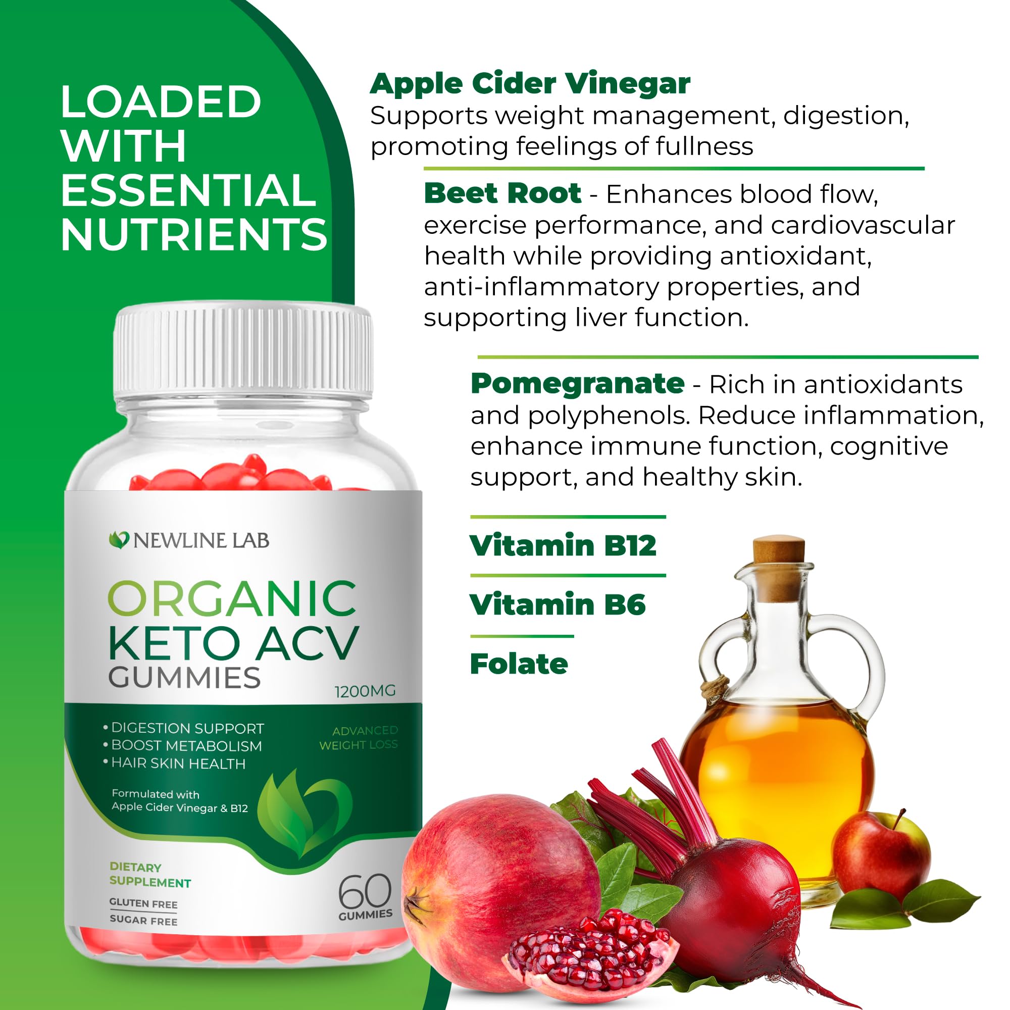 Organic Keto ACV Gummies for Advanced Weight Loss Fat Burn - Sugar Gluten Free Apple Newline Lab