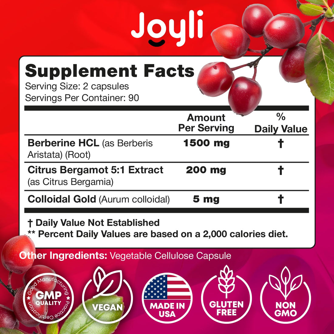 Joyli Berberine 1500MG - 180 Vegan Capsules - Weight Management & Heart Support 