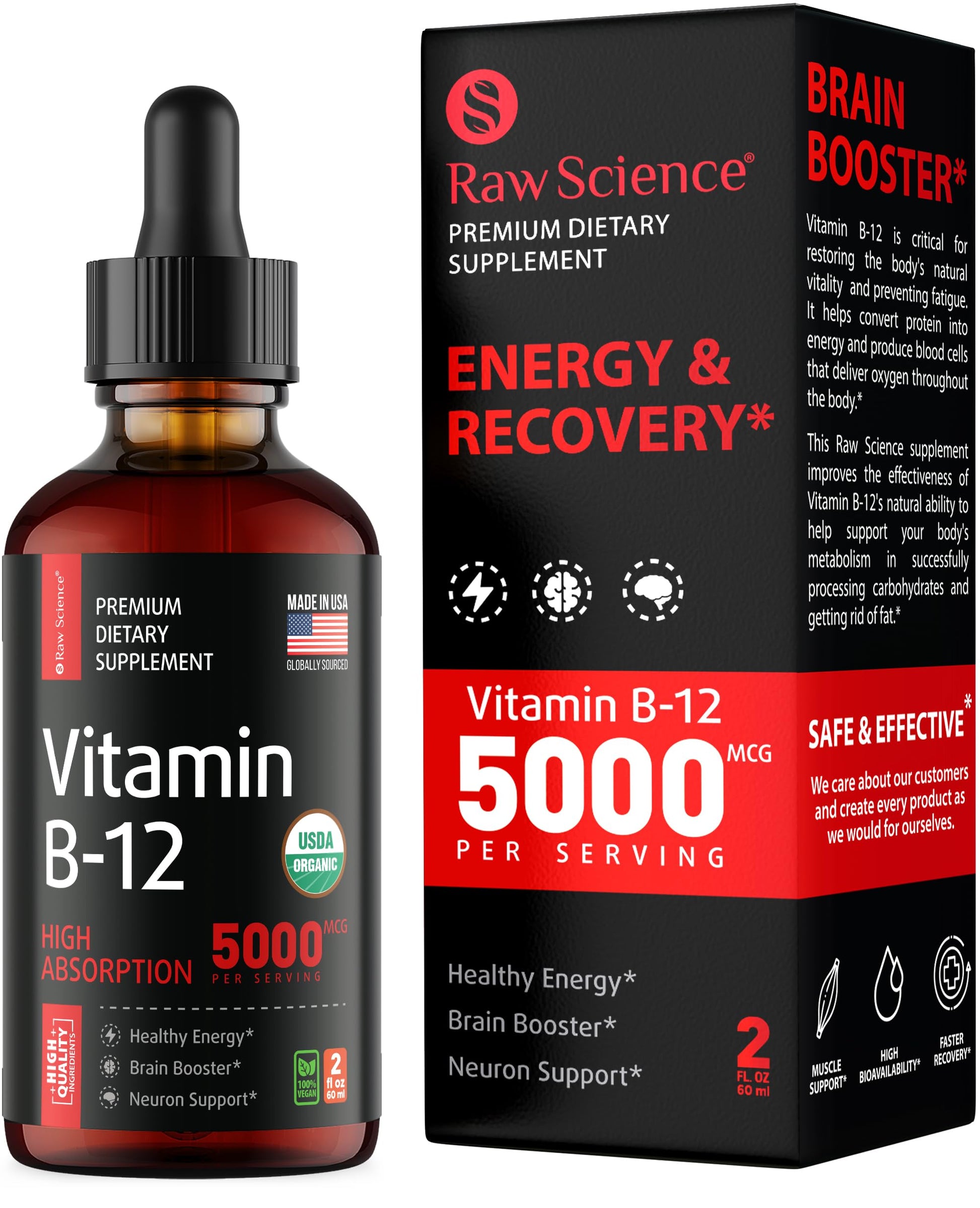 Vitamin B12 Liquid Drops Sublingual 5000mcg, Methyl & Methylcobalamin Supplements