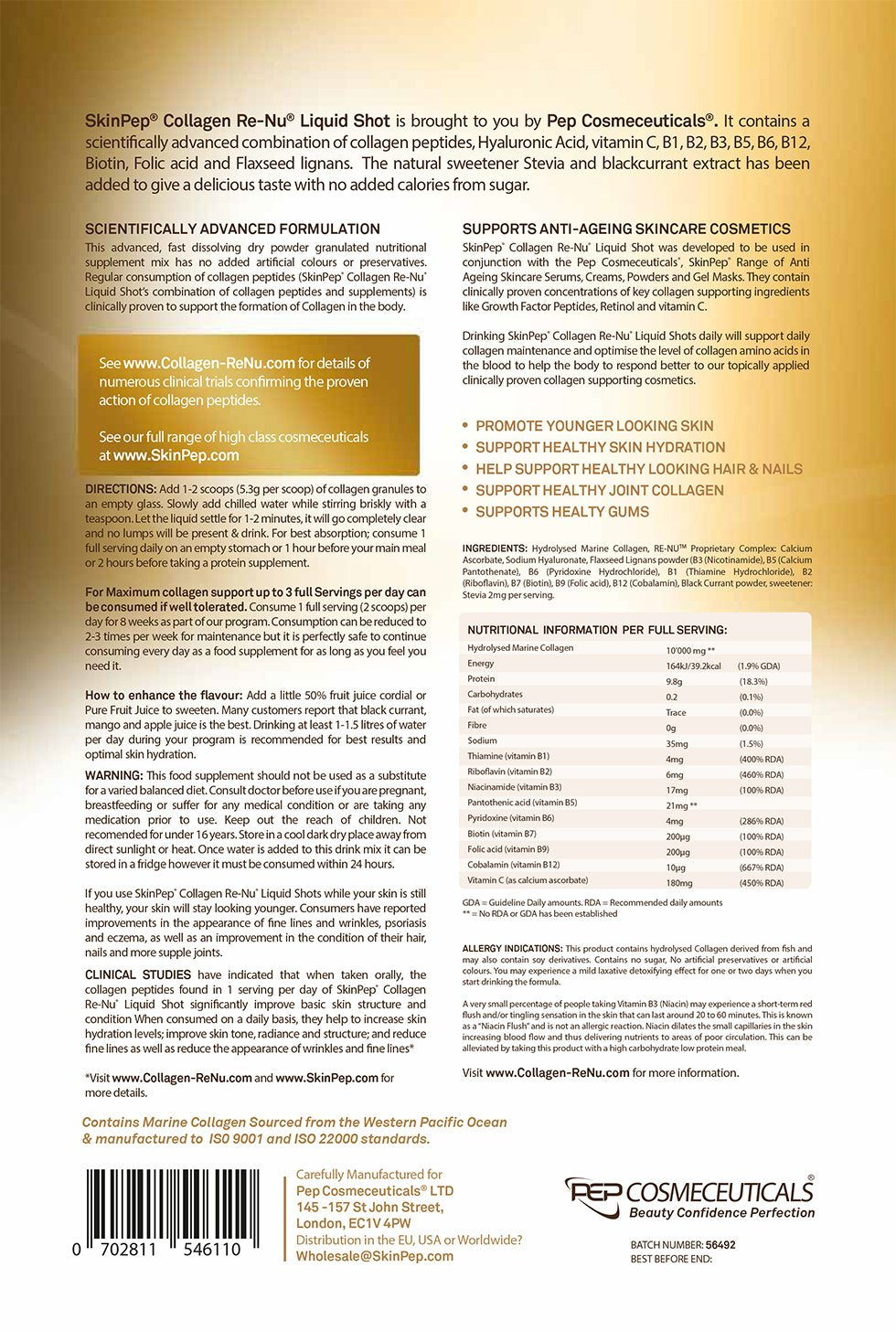 Premium Hydrolysed Marine Collagen Peptide Powder + VIT C, B Complex Hyaluronic Acid, & Stevia. Delicious Taste/No Fishy Smell - SkinPep® Collagen Re-Nu 300g - 30 Days Supply SkinPep