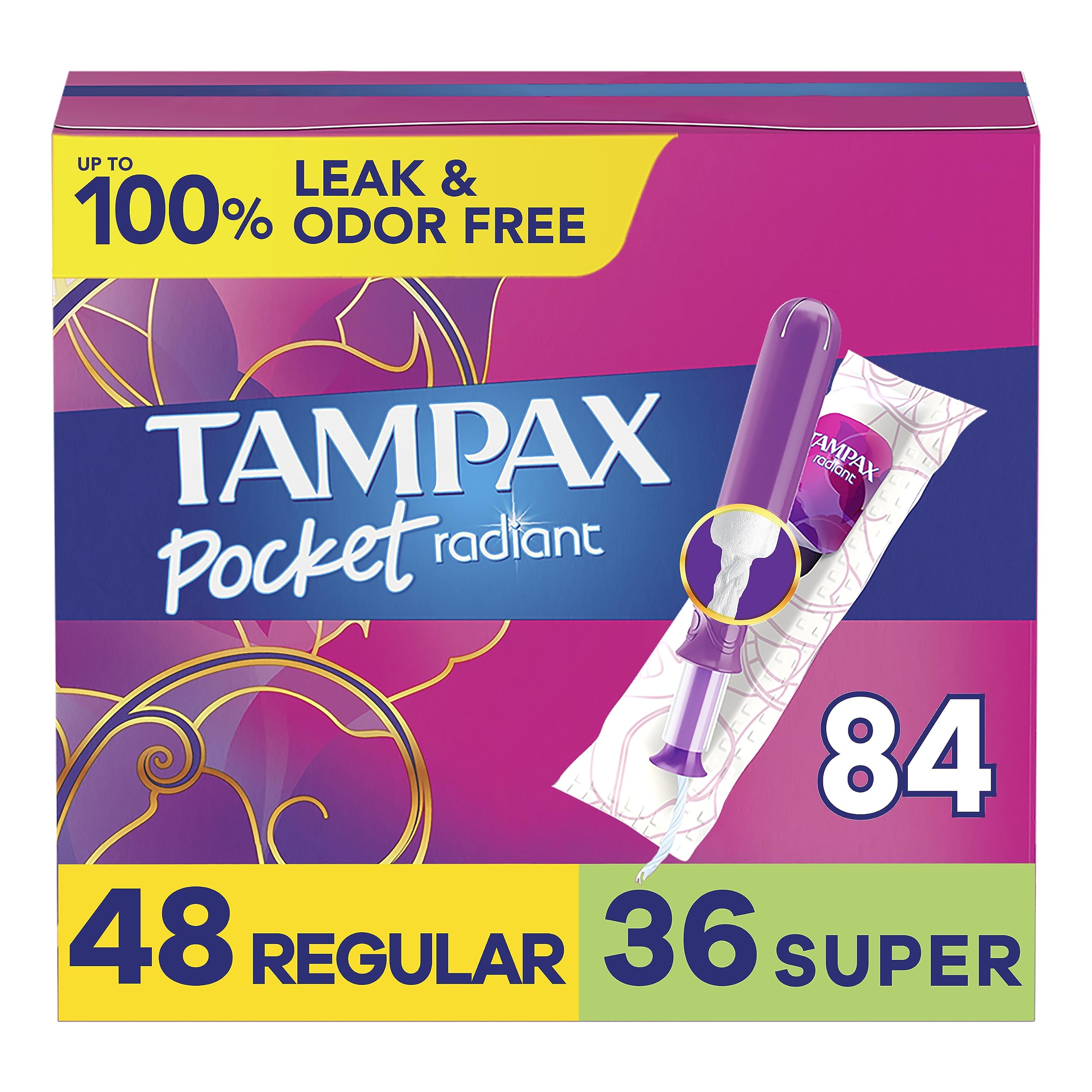 Tampax Pocket Radiant Compact Tampons Multi Pack, Regular/Super Absorbency with BPA-Free