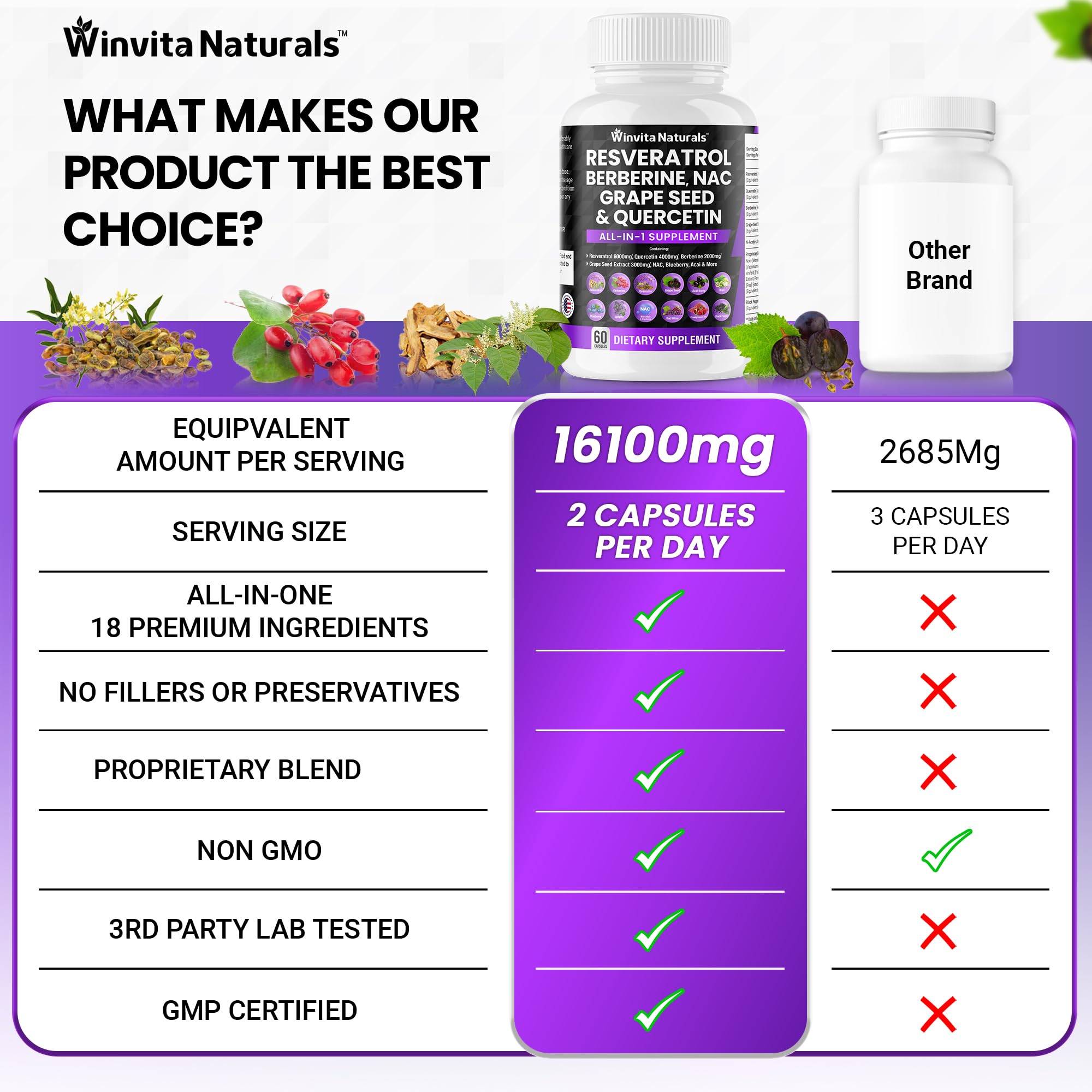Resveratrol 6000mg Quercetin 4000mg Berberine 2000mg Grape Seed Extract 3000mg Winvita Naturals