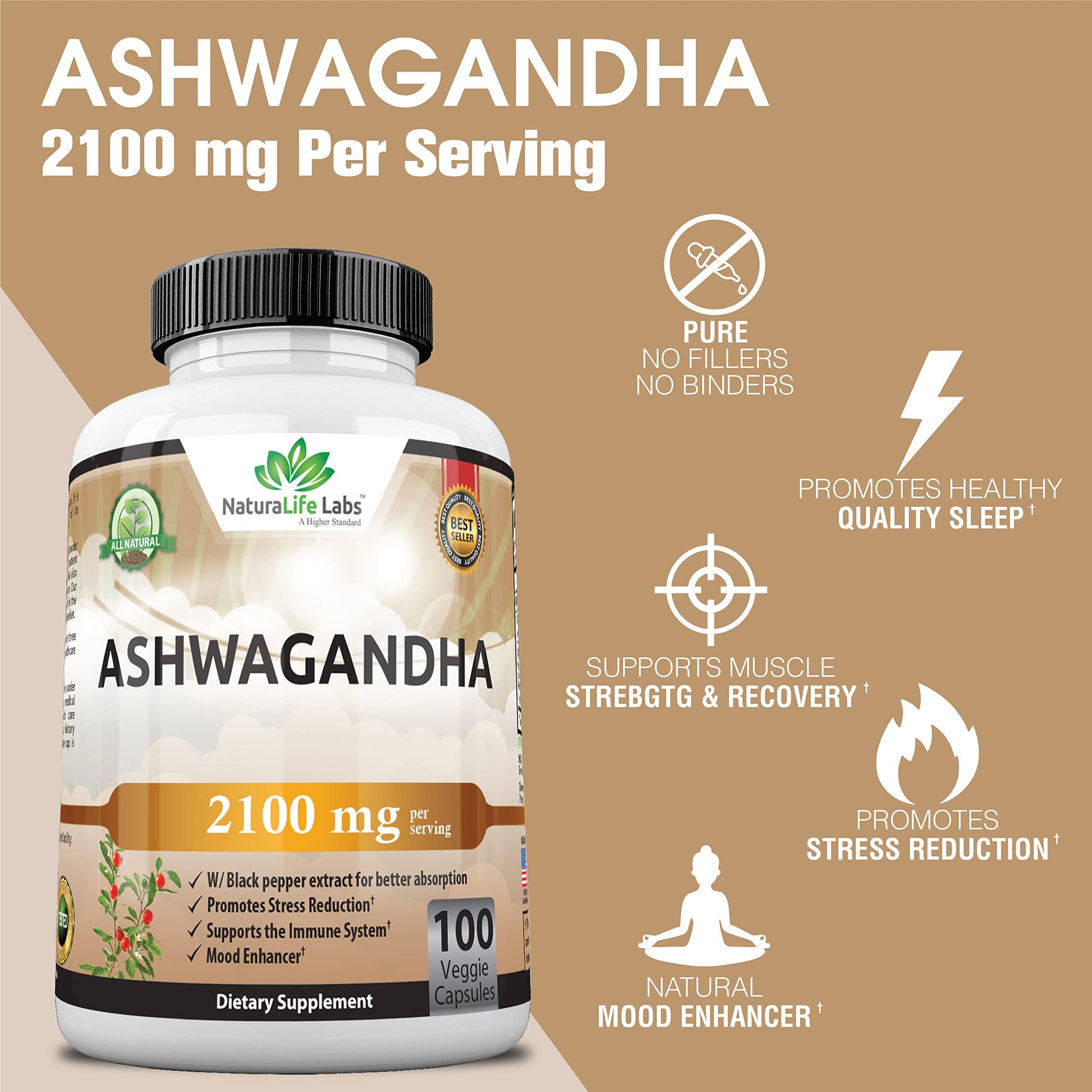 Organic Ashwagandha 2,100 mg - 100 Vegan Capsules Pure Organic Ashwagandha Powder NaturaLife Labs A Higher Standard