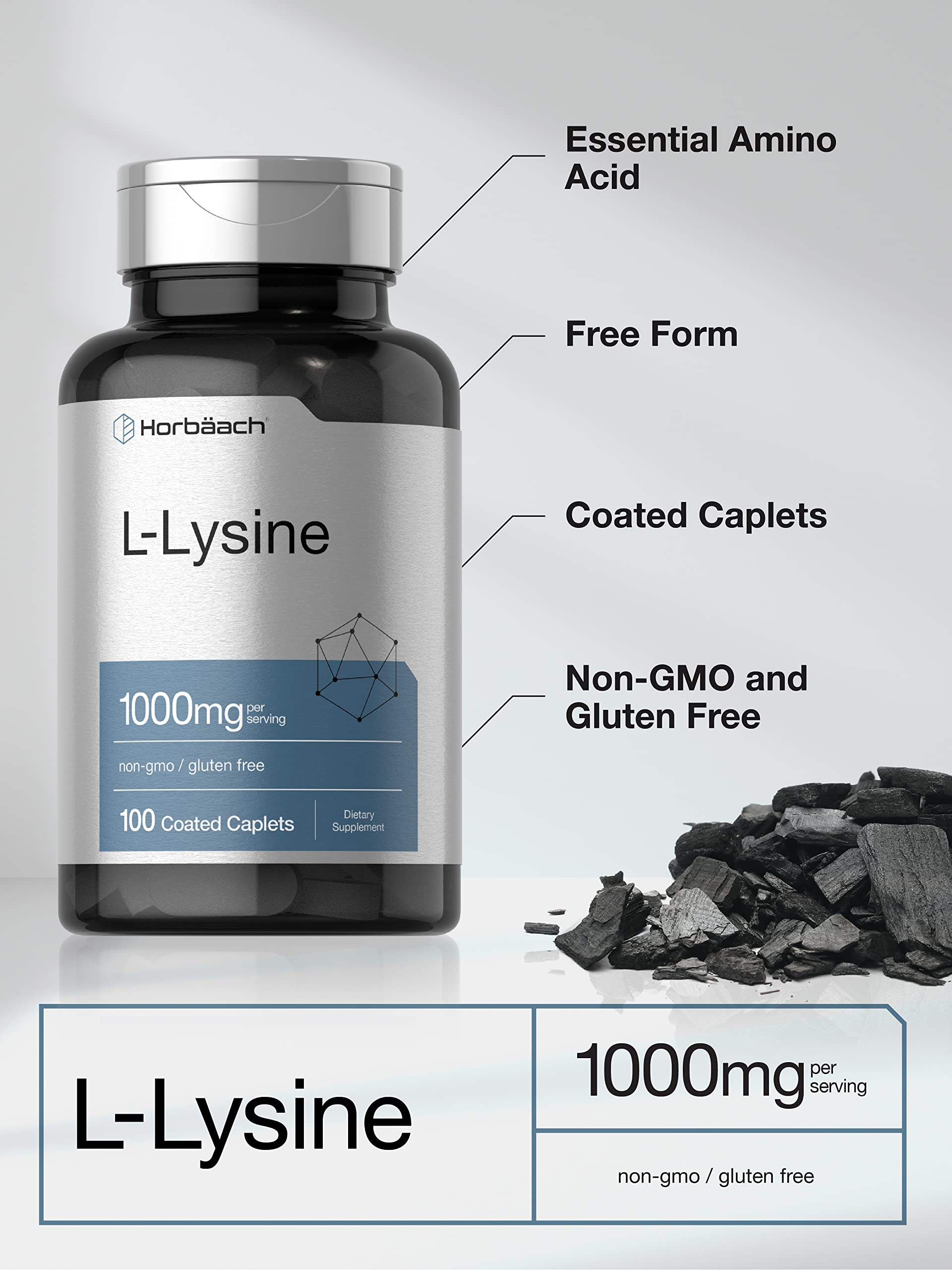 L-Lysine 1000mg | 100 Coated Caplets | Free Form Dietary Supplement | Vegetarian Horbäach