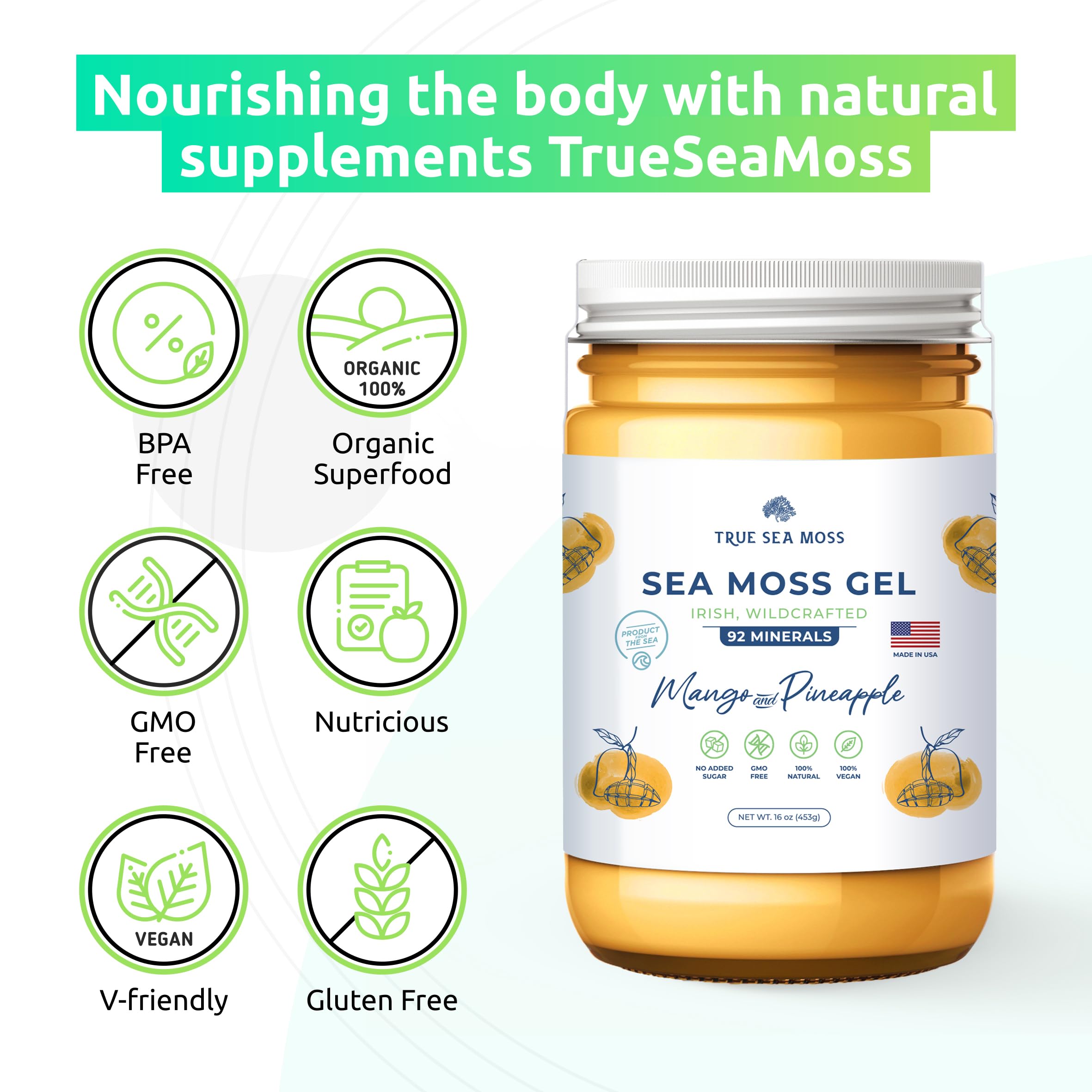 TrueSeaMoss Wildcrafted Irish Sea Moss Gel –7 Flavors- Nutritious Organic Raw TrueSeaMoss
