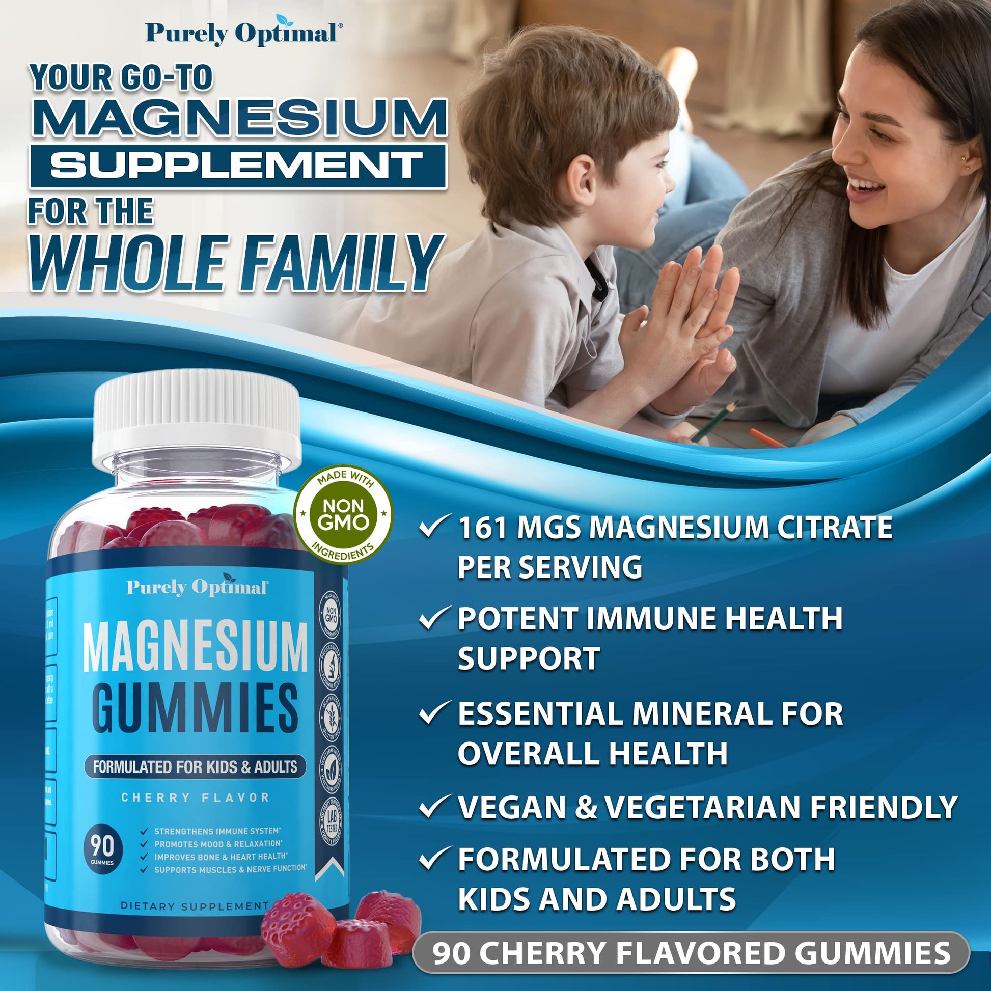Premium Magnesium Gummies Kids & Adults - Magnesium Citrate for Digestion Support Purely Optimal