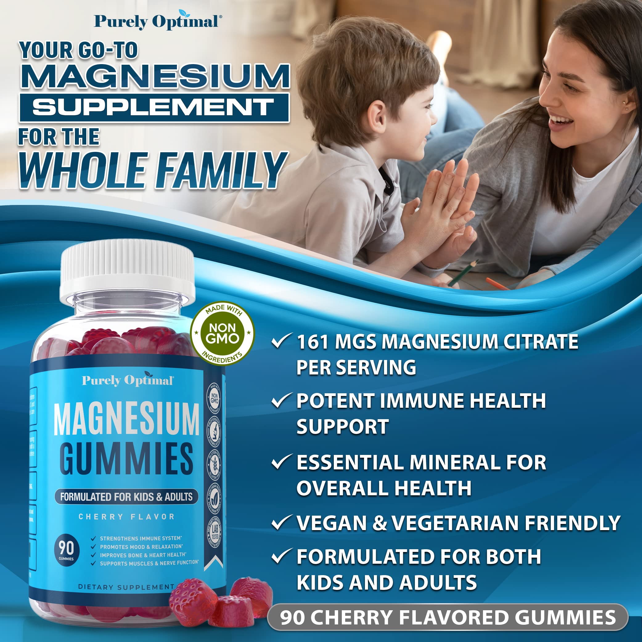 Premium Magnesium Gummies Kids & Adults - Magnesium Citrate for Digestion Support Purely Optimal