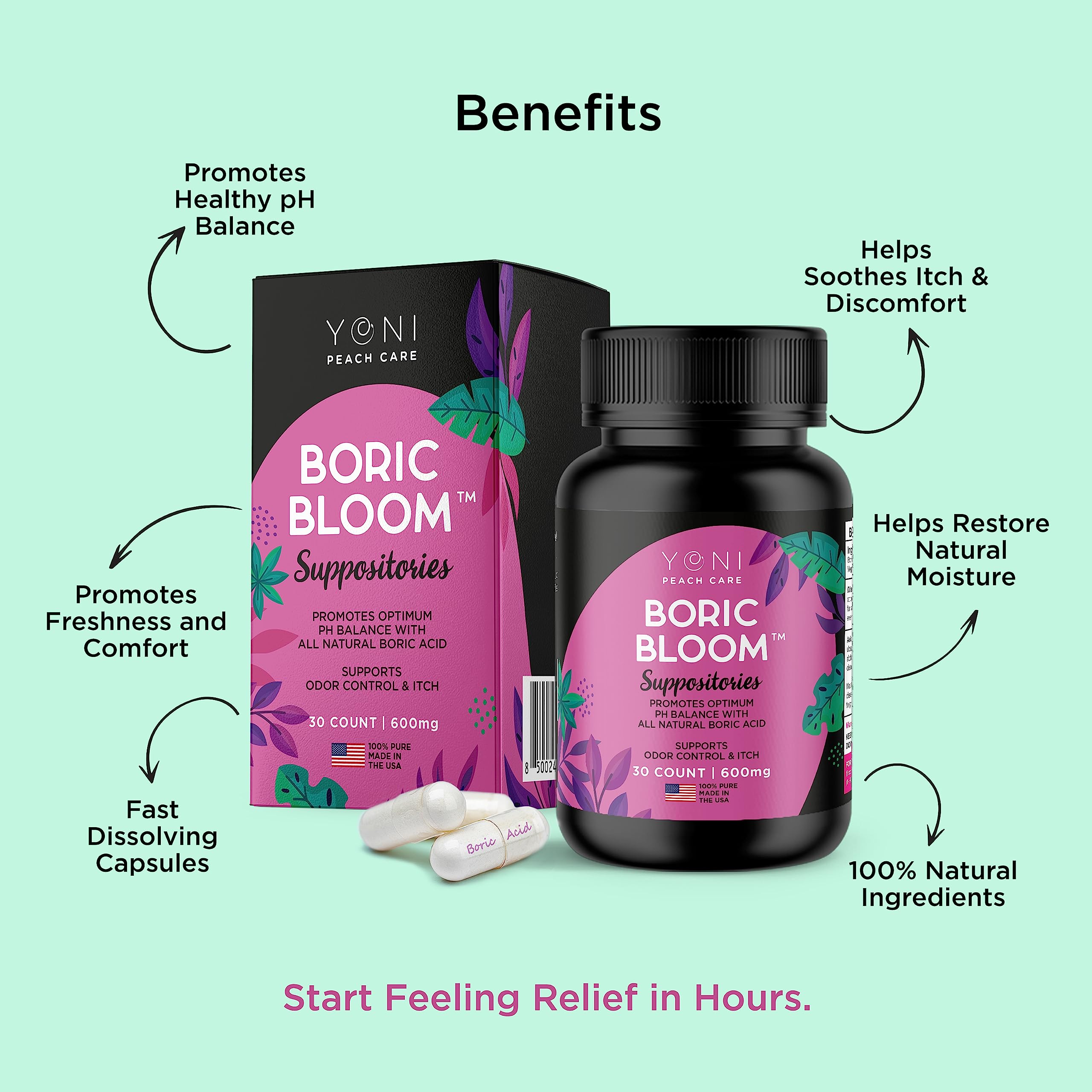 Boric Acid Suppositories - Vaginial Suppository Bacterial Vaginosis, pH Balance for Women Pills Yoni Peach Care