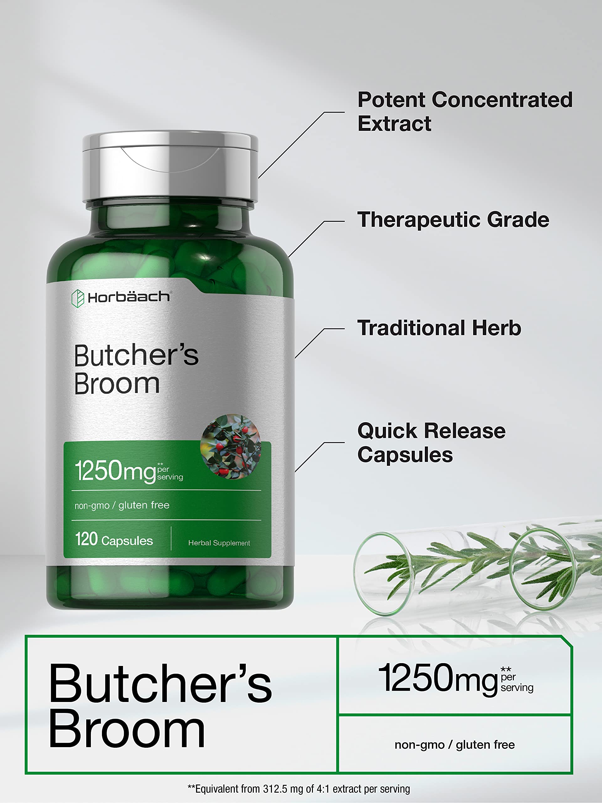 Butchers Broom Capsules 1250mg | 120 Count | Non-GMO, Gluten Free | Traditional Herb Horbäach