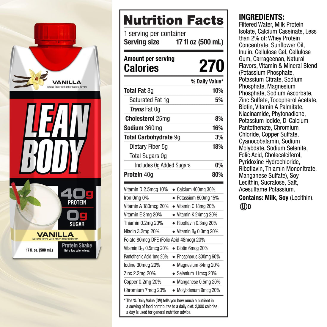 Lean Body Ready-to-Drink Vanilla Protein Shake, 40g Protein, Whey Blend, 0 Sugar, Gluten 