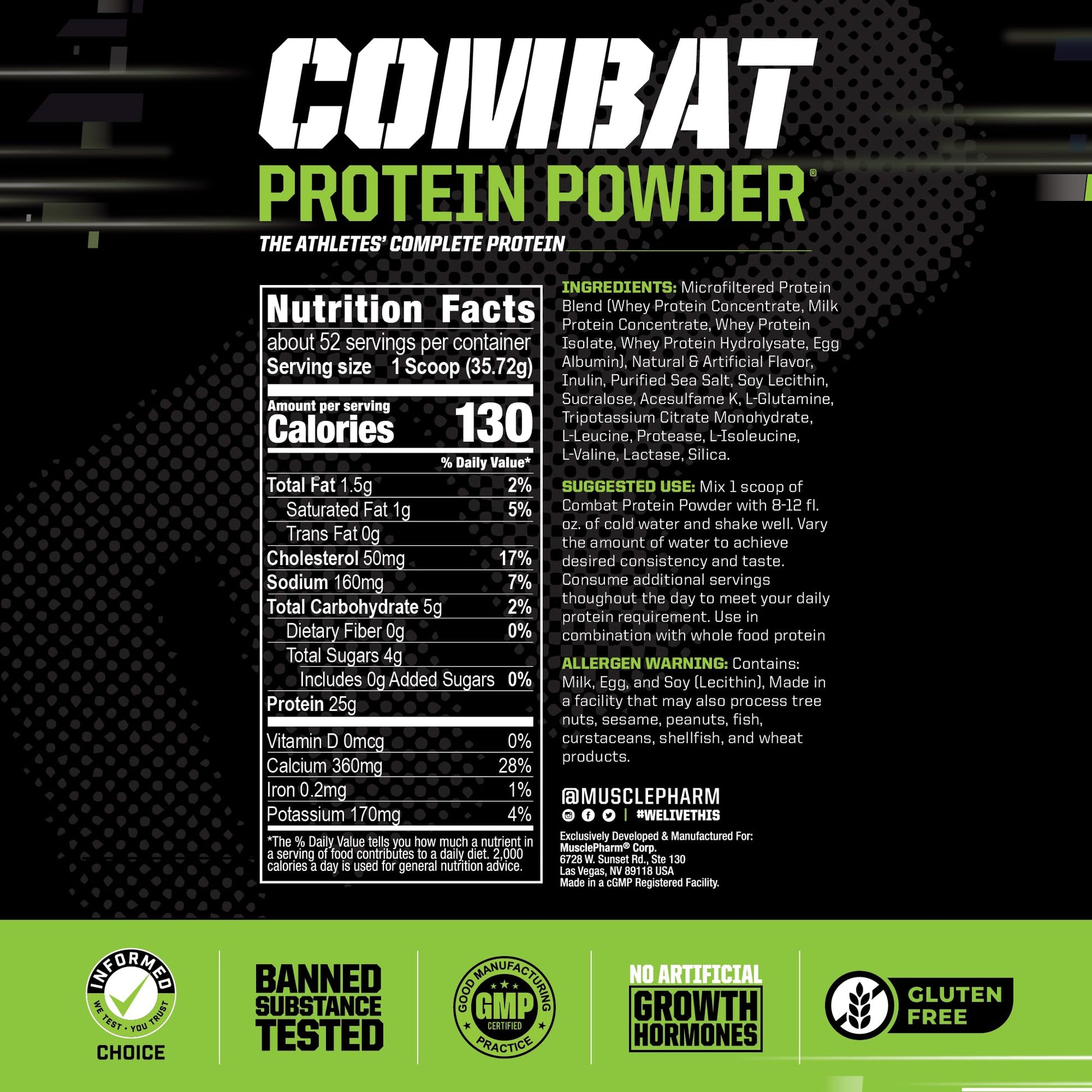 MusclePharm Combat Protein Powder, Banana Cream - 4 lb - Gluten Free - 52 Servings Muscle Pharm