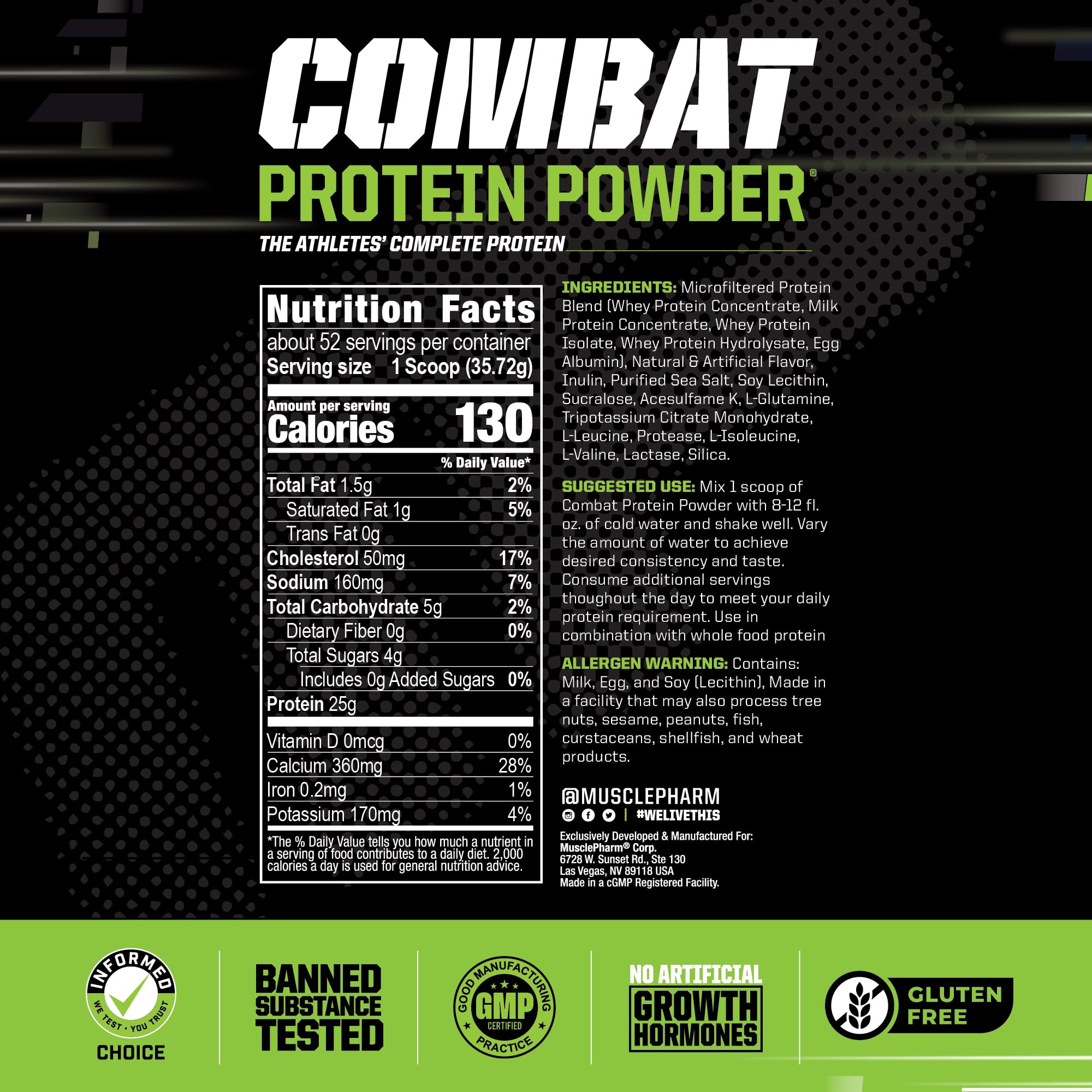 MusclePharm Combat Protein Powder, Banana Cream - 4 lb - Gluten Free - 52 Servings Muscle Pharm