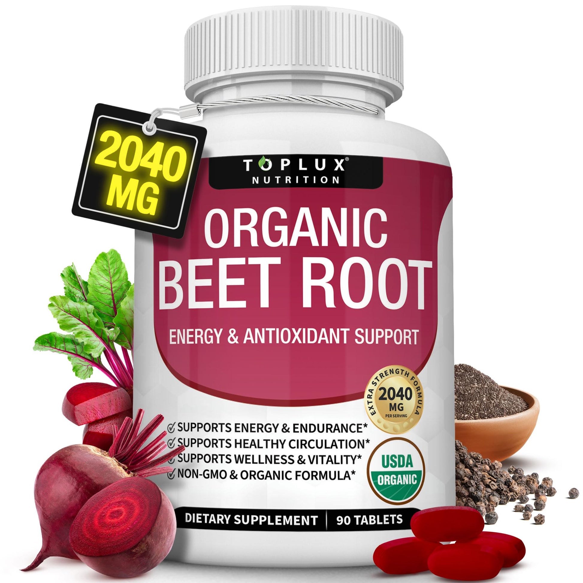 Organic Beet Root Powder Tablets - 2040mg Natural Nitric Oxide Beets to Support, Energy