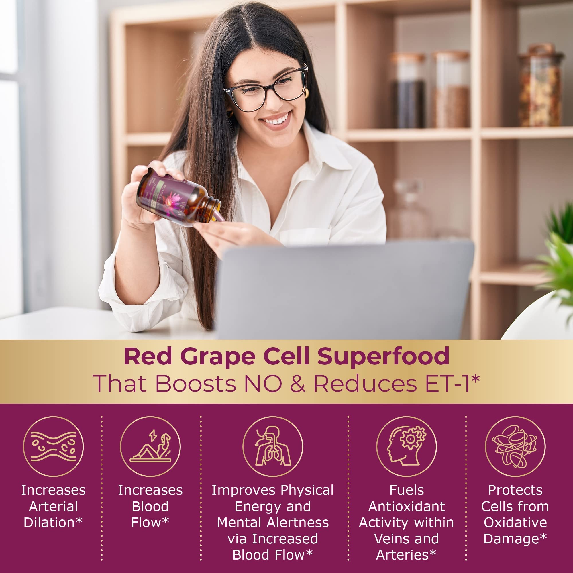 VINIA 12-Hour Sustained Release Piceid Resveratrol Supplement. Nitric Oxide Supplement VINIA