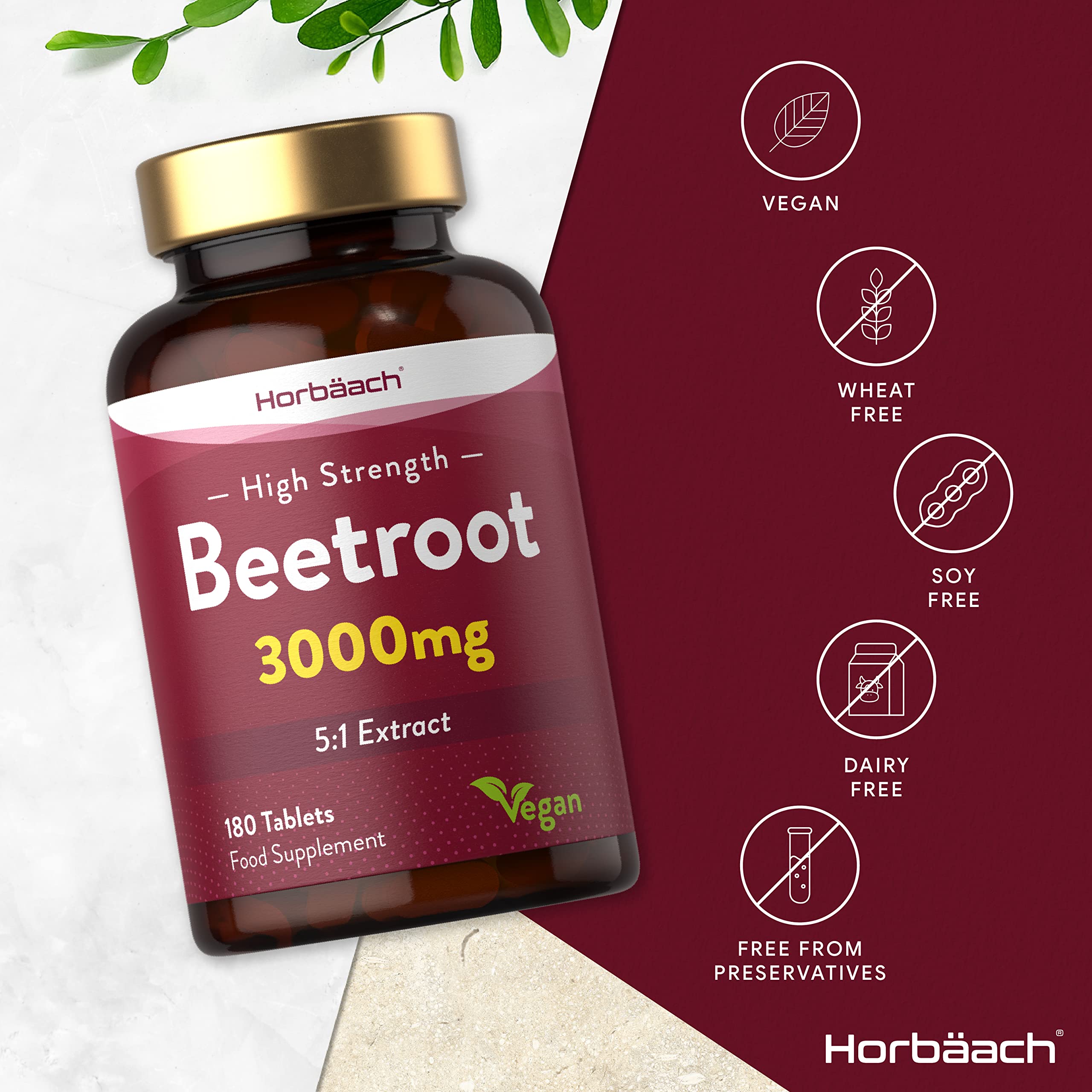Beetroot Tablets 3000mg | 180 Count | High Strength 5:1 Extract Supplement | Nitric Oxide Horbäach
