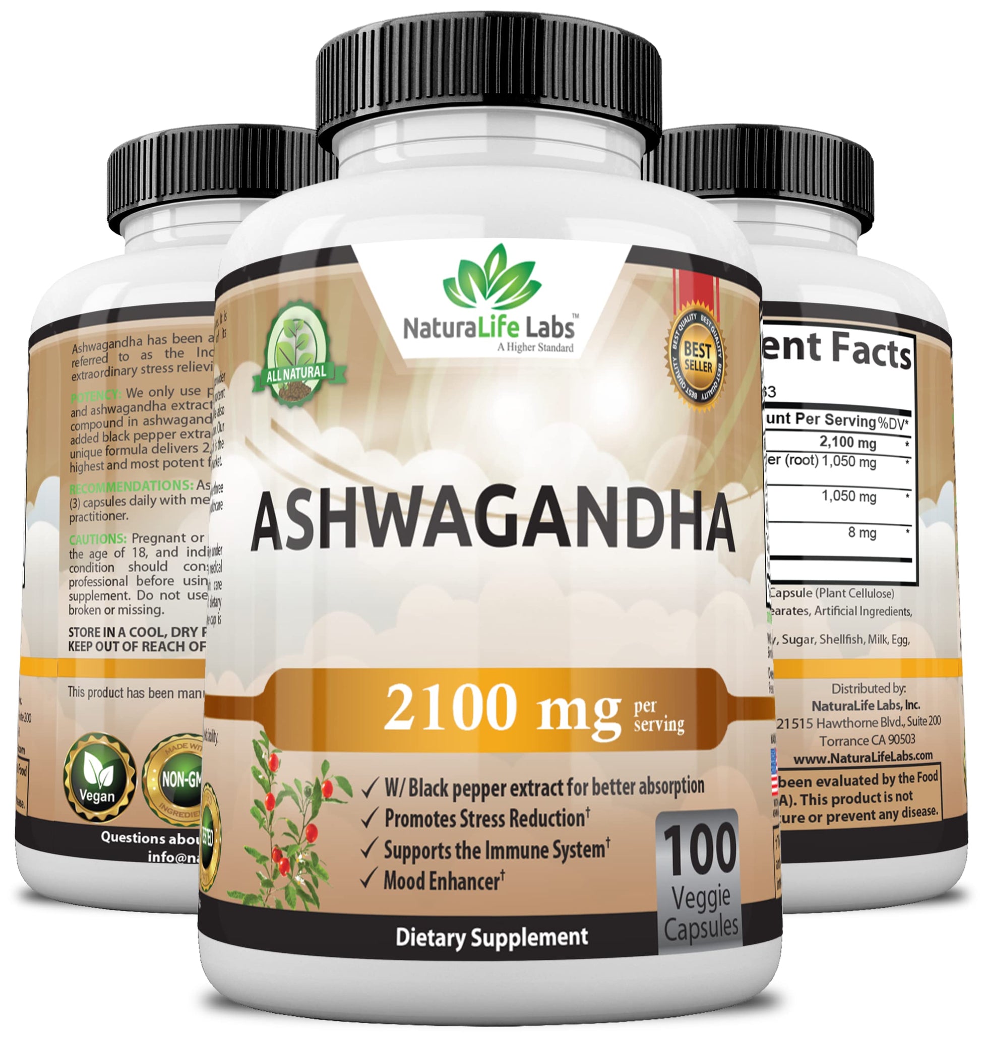 Organic Ashwagandha 2,100 mg - 100 Vegan Capsules Pure Organic Ashwagandha Powder NaturaLife Labs A Higher Standard