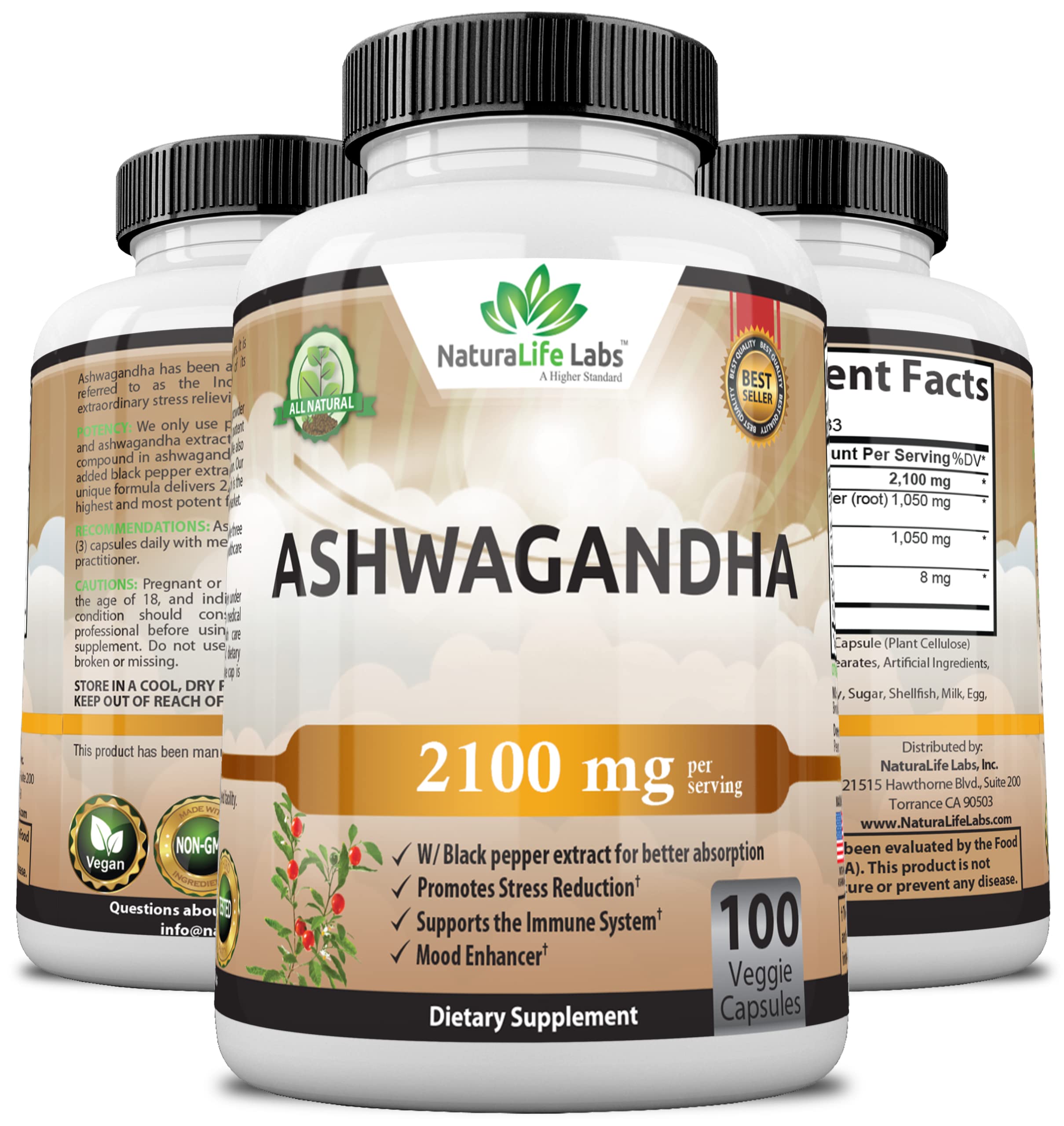 Organic Ashwagandha 2,100 mg - 100 Vegan Capsules Pure Organic Ashwagandha Powder NaturaLife Labs A Higher Standard