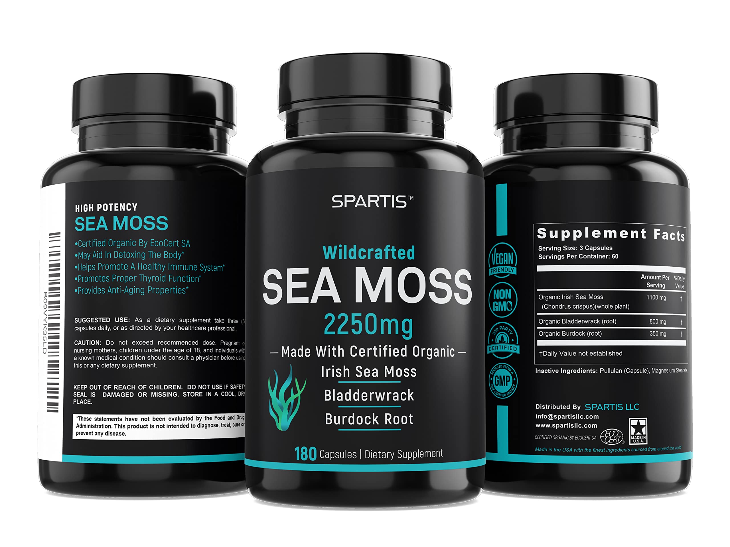 Certified Organic Sea Moss Capsules 2250mg Wildcrafted Irish Sea Moss Burdock Root SPARTIS