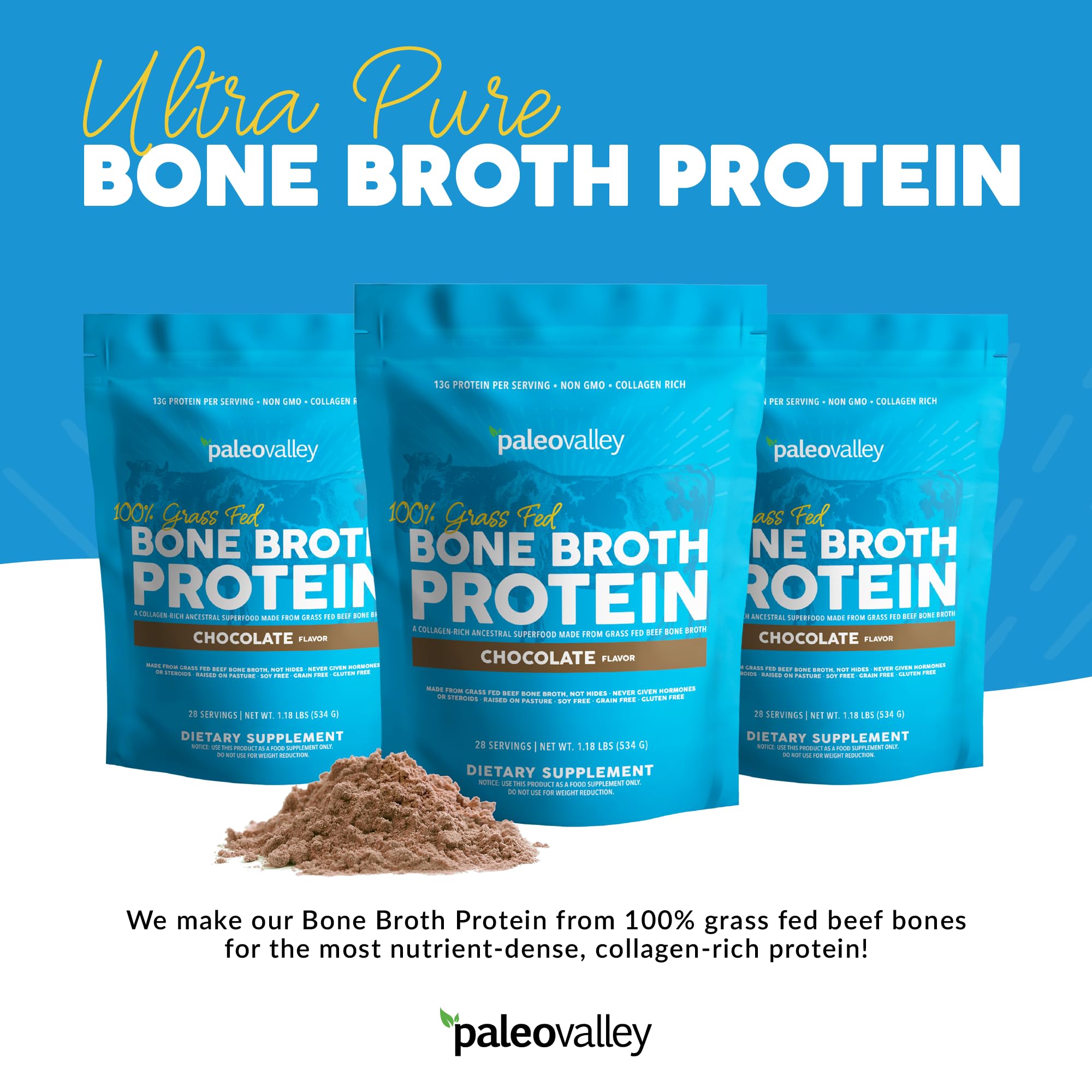 Paleovalley 100% Grass Fed Bone Broth Protein Powder - Chocolate - Rich in Collagen Paleovalley