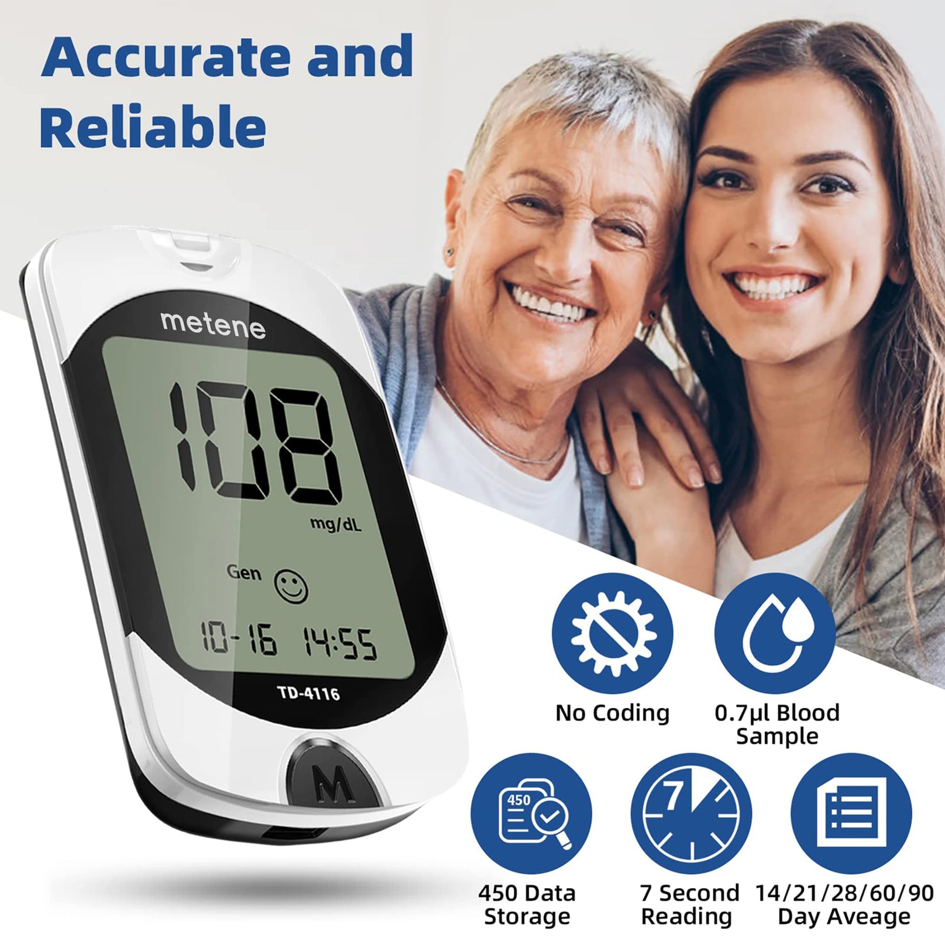 Metene TD-4116 Blood Glucose Monitor Kit, 100 Glucometer Strips Metene
