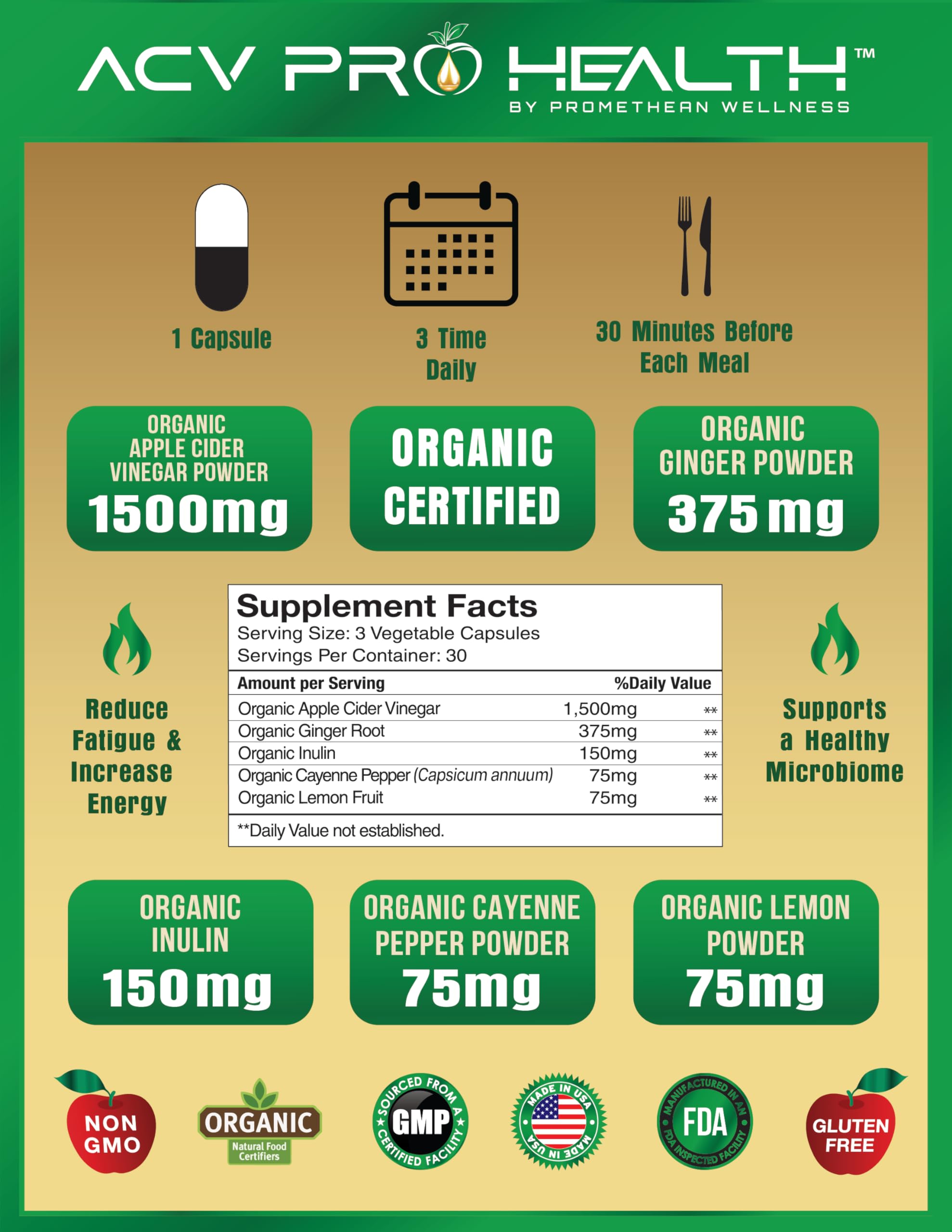 Certified Organic Apple Cider Vinegar Capsules Pro with Mother Acv Pills Detox Promethean Wellness