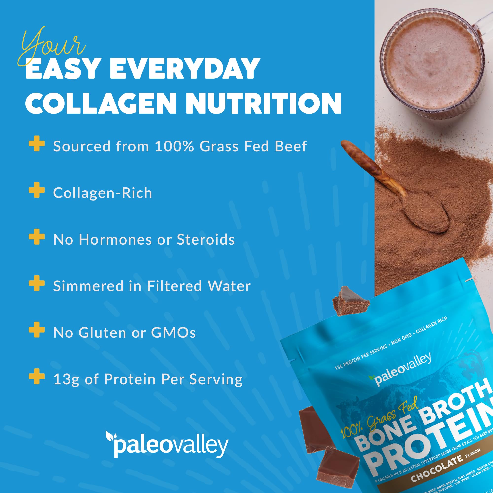 Paleovalley 100% Grass Fed Bone Broth Protein Powder - Chocolate - Rich in Collagen Paleovalley