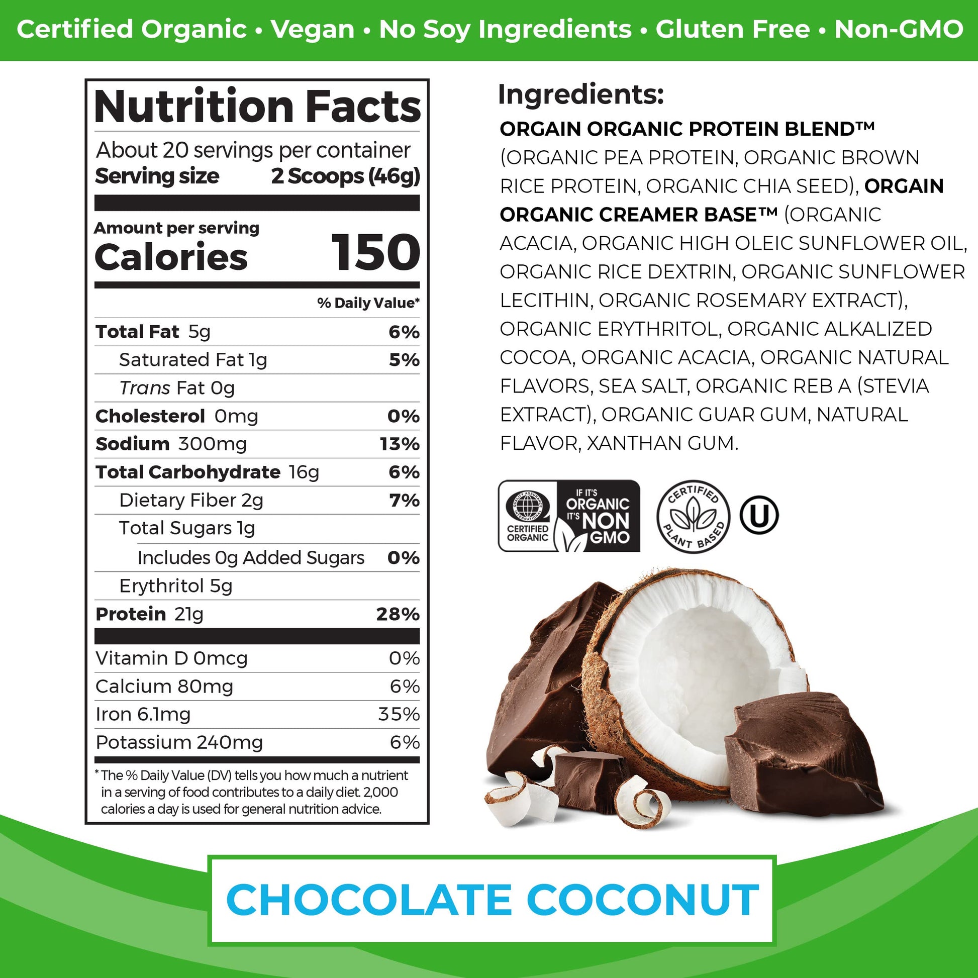 Orgain Organic Vegan Protein Powder, Chocolate Coconut - 21g of Plant Based Protein Orgain