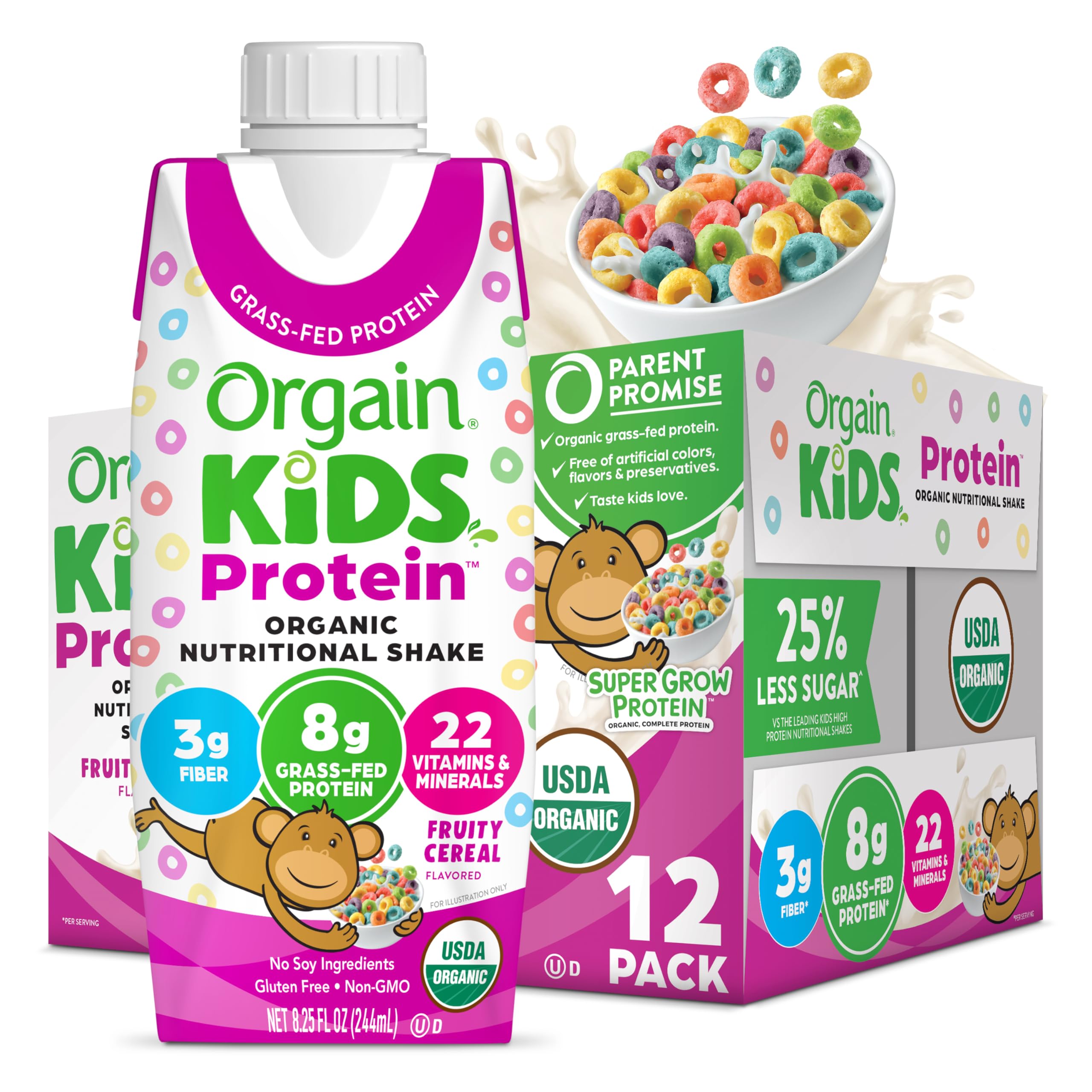 Orgain Organic Kids Nutritional Protein Shake, Fruity Cereal - Kids Snacks with 8g Dairy 