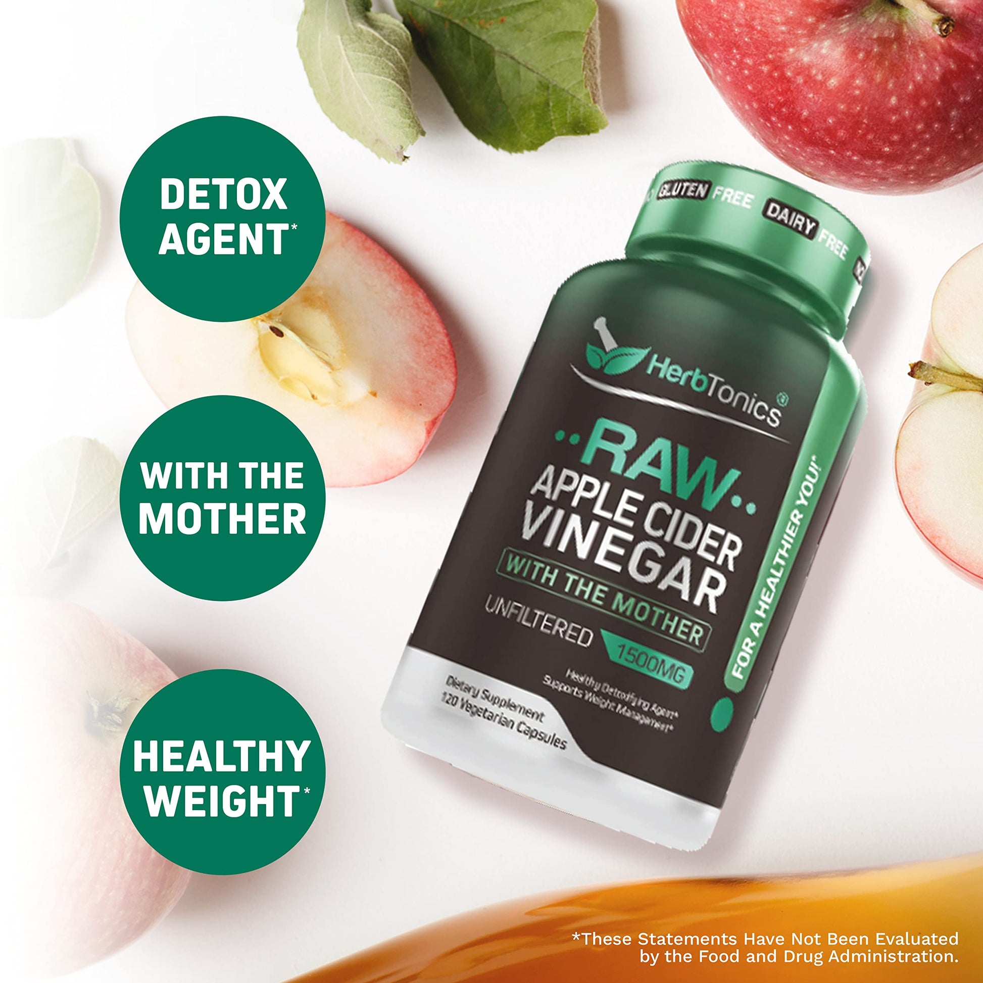 Herbtonics Raw Apple Cider Vinegar Capsules, 1500mg Detox Support (Packaging May Vary), 90 Caps Herbtonics