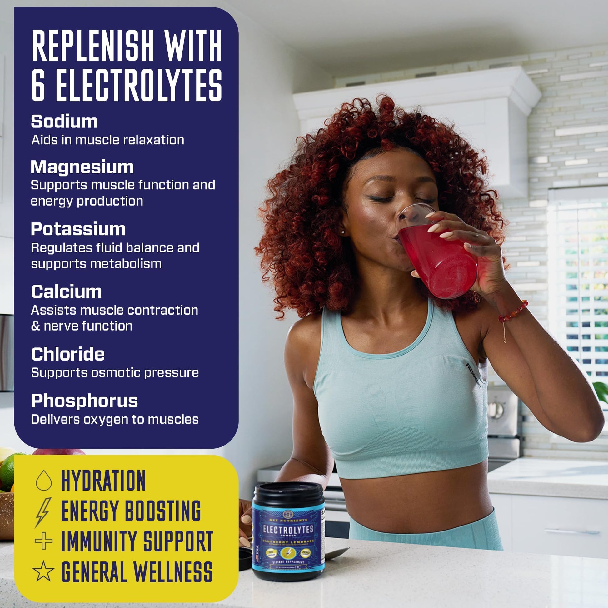 KEY NUTRIENTS Multivitamin Electrolytes Powder No Sugar - Fresh Blueberry Lemonade KEY NUTRIENTS