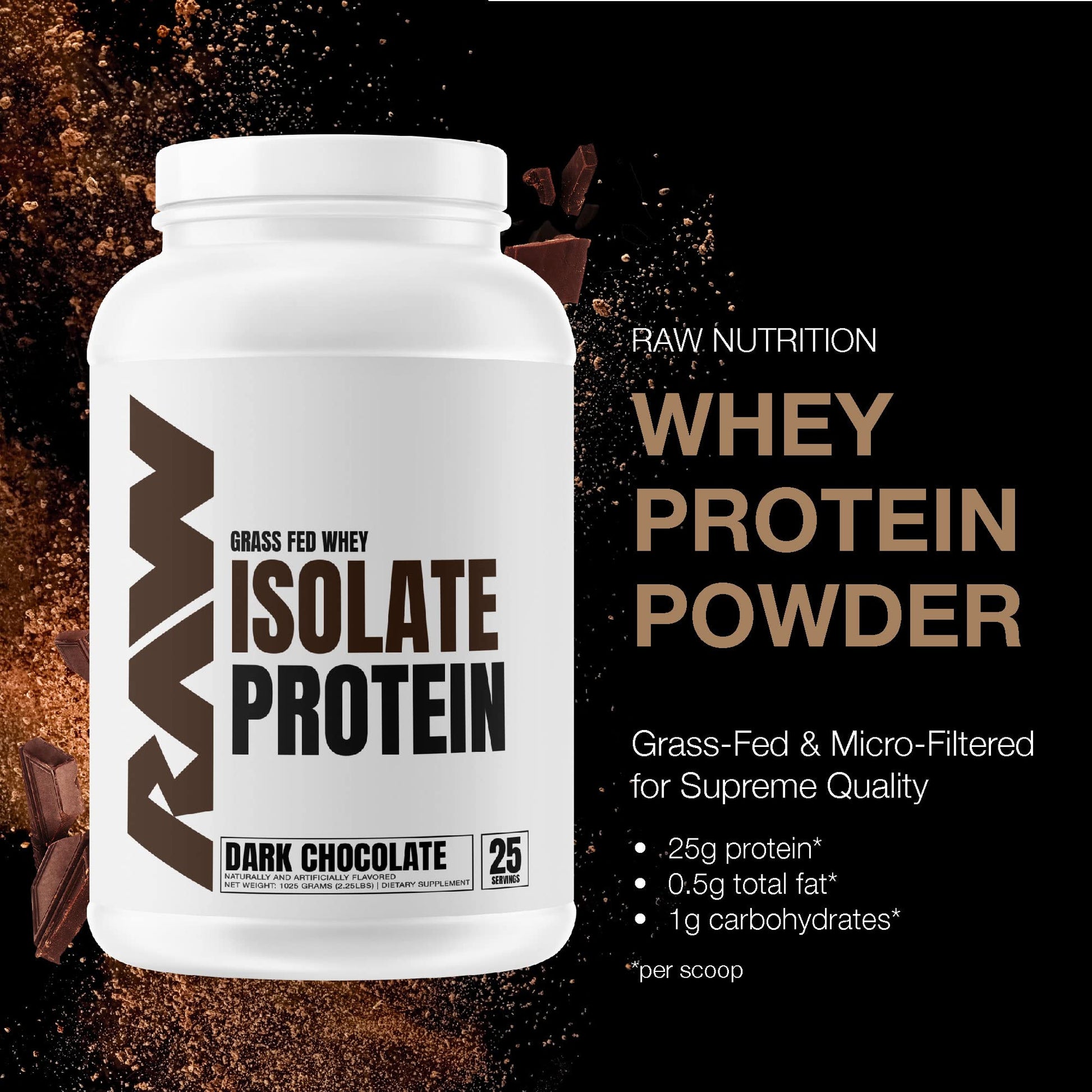 RAW Whey Isolate Protein Powder, Dark Chocolate - 100% Grass-Fed Sports Nutrition RAW