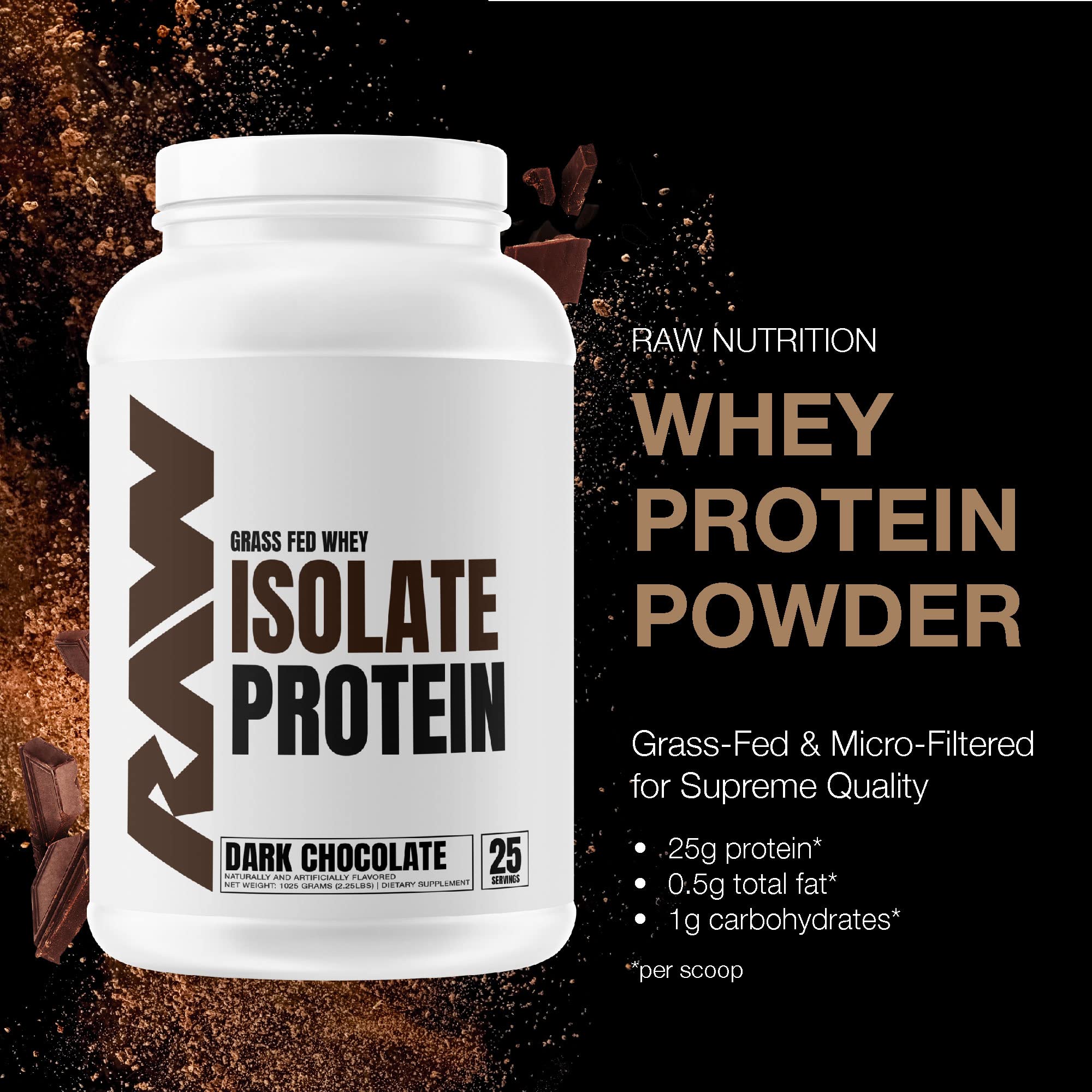RAW Whey Isolate Protein Powder, Dark Chocolate - 100% Grass-Fed Sports Nutrition RAW