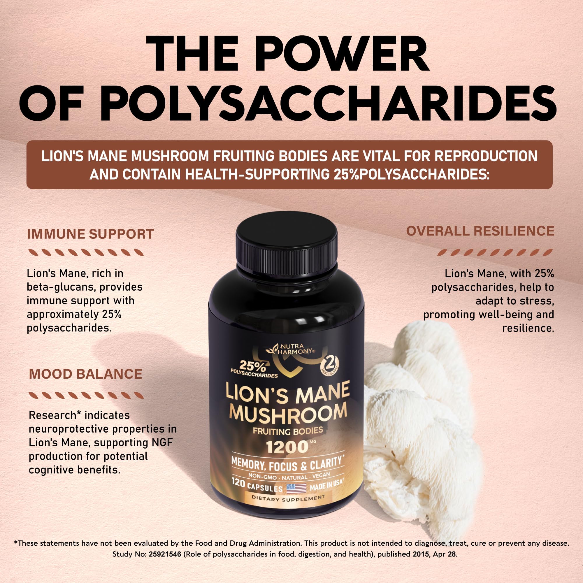 Organic Lions Mane - Certified Mushroom Supplement - Made in USA - Fruiting Bodies NUTRAHARMONY